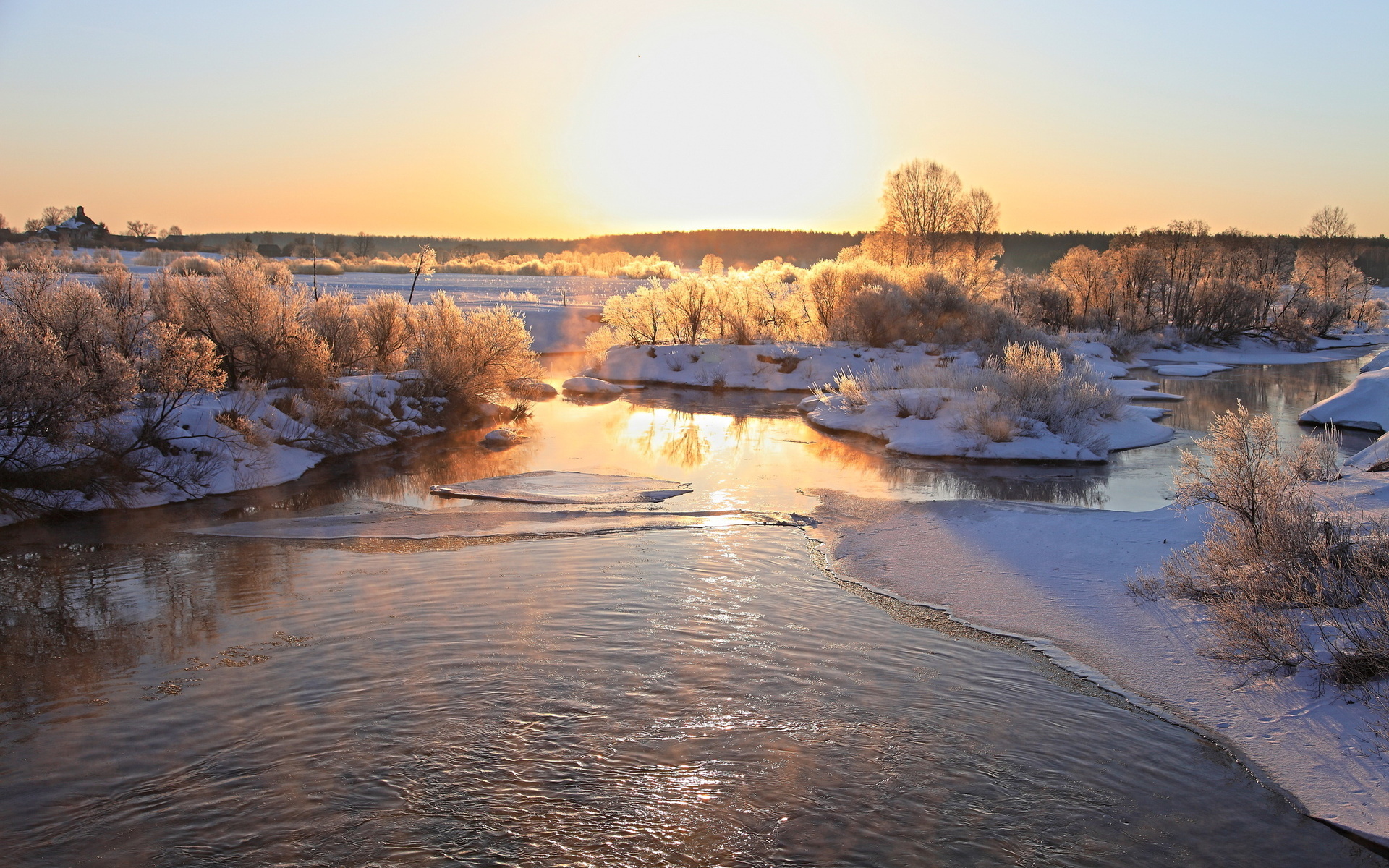 PCデスクトップに風景, 冬, 木, 日没, 雪, 川画像を無料でダウンロード