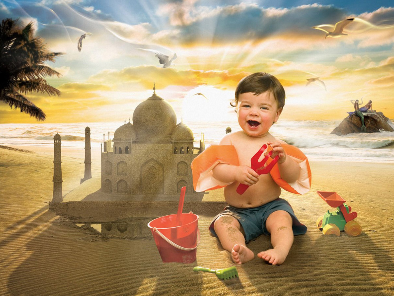Download mobile wallpaper Baby, Manipulation, Child, Beach, Photography, Cute for free.