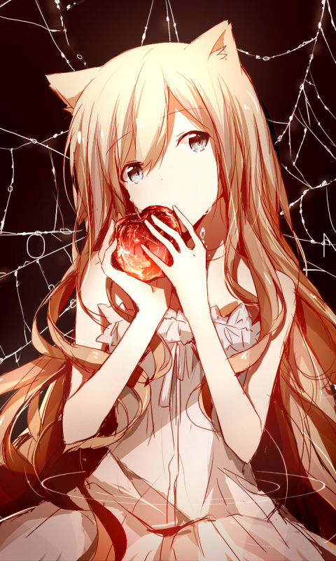 Download mobile wallpaper Anime, Apple, Blonde, Dress, Blue Eyes, Original, Water Drop, Long Hair, Spider Web, Animal Ears for free.