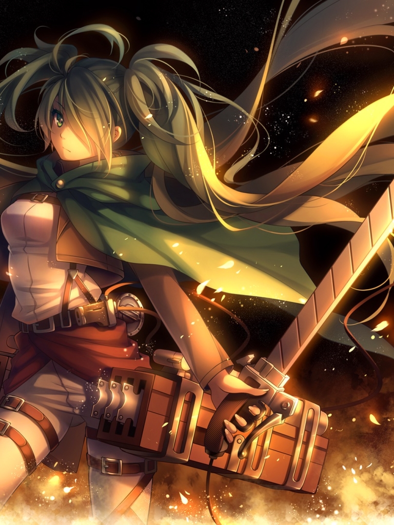 Download mobile wallpaper Anime, Vocaloid, Green Hair, Sword, Crossover, Green Eyes, Hatsune Miku, Long Hair, Attack On Titan for free.