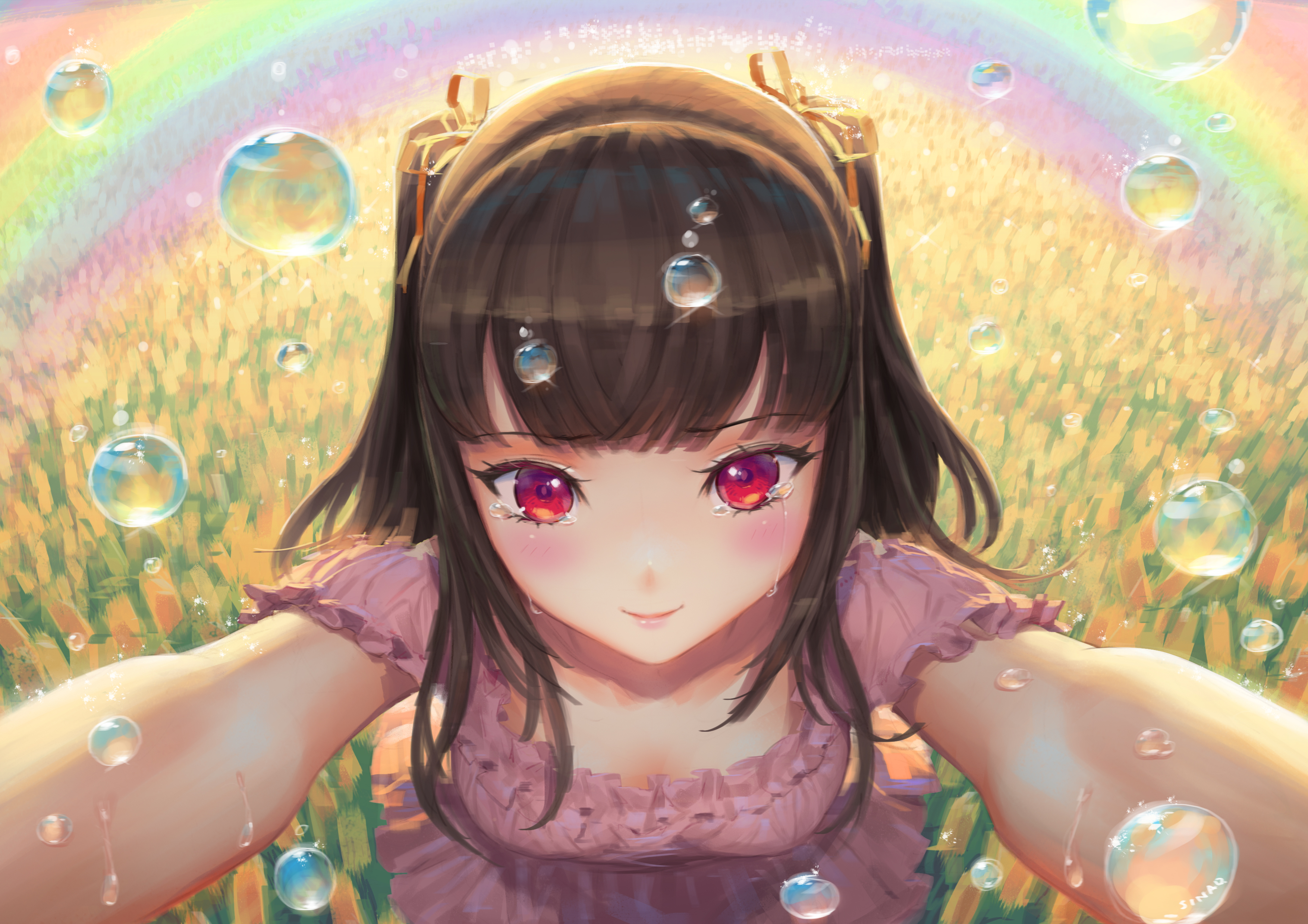 Download mobile wallpaper Anime, Rainbow, Flower, Field, Tears, Original, Blush, Red Eyes, Water Drop, Long Hair, Brown Hair, Twintails for free.
