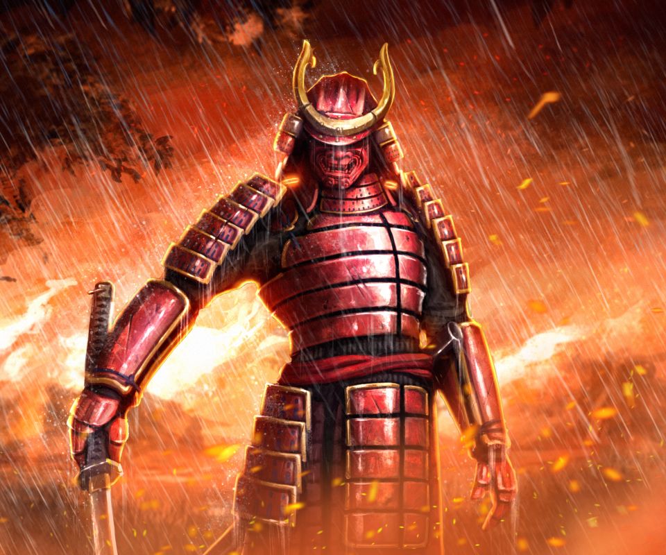 Download mobile wallpaper Fantasy, Rain, Fire, Mask, Samurai, Armor, Sword, Katana for free.