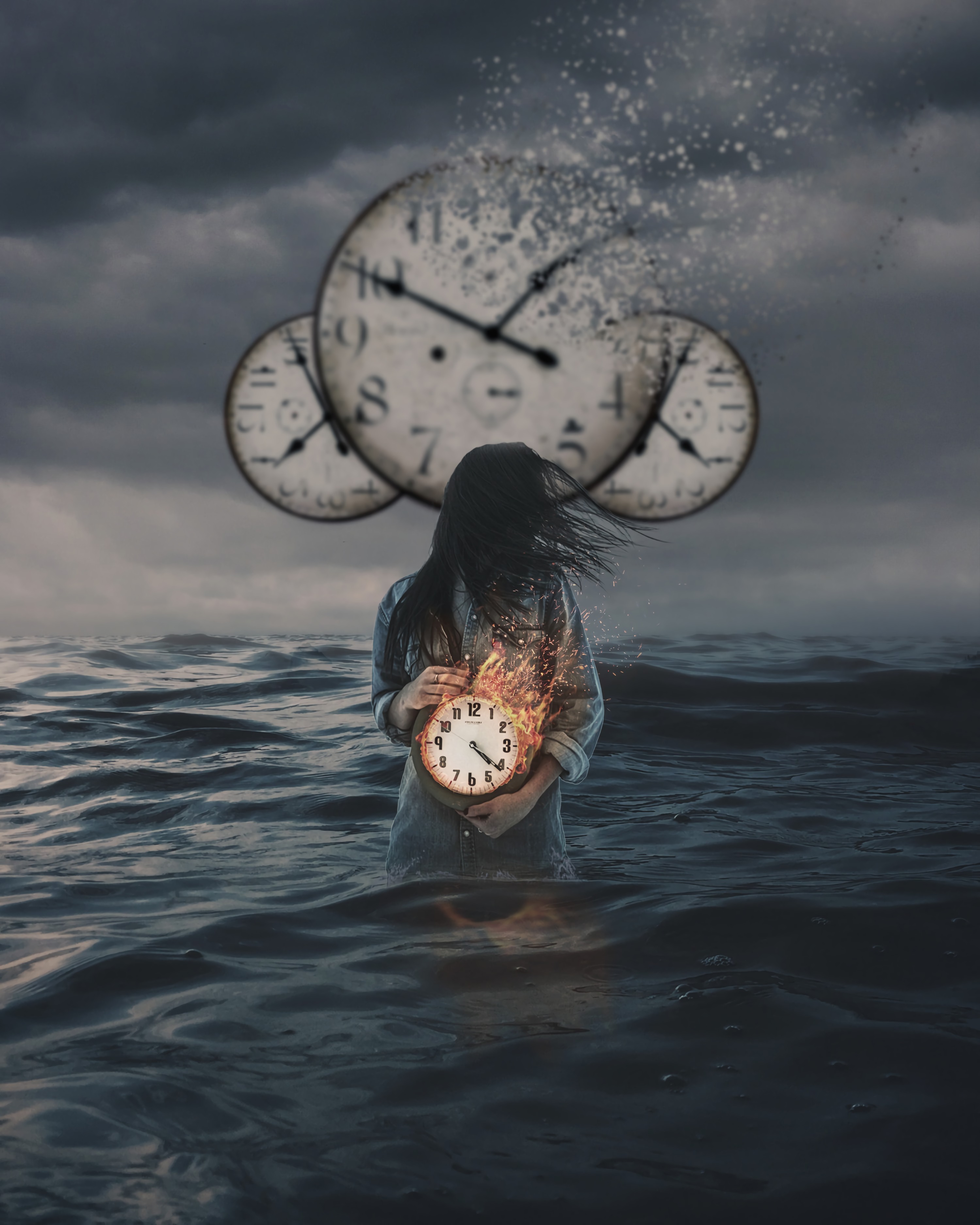 girl, time, fire, photoshop, clock, it's time, miscellanea, miscellaneous