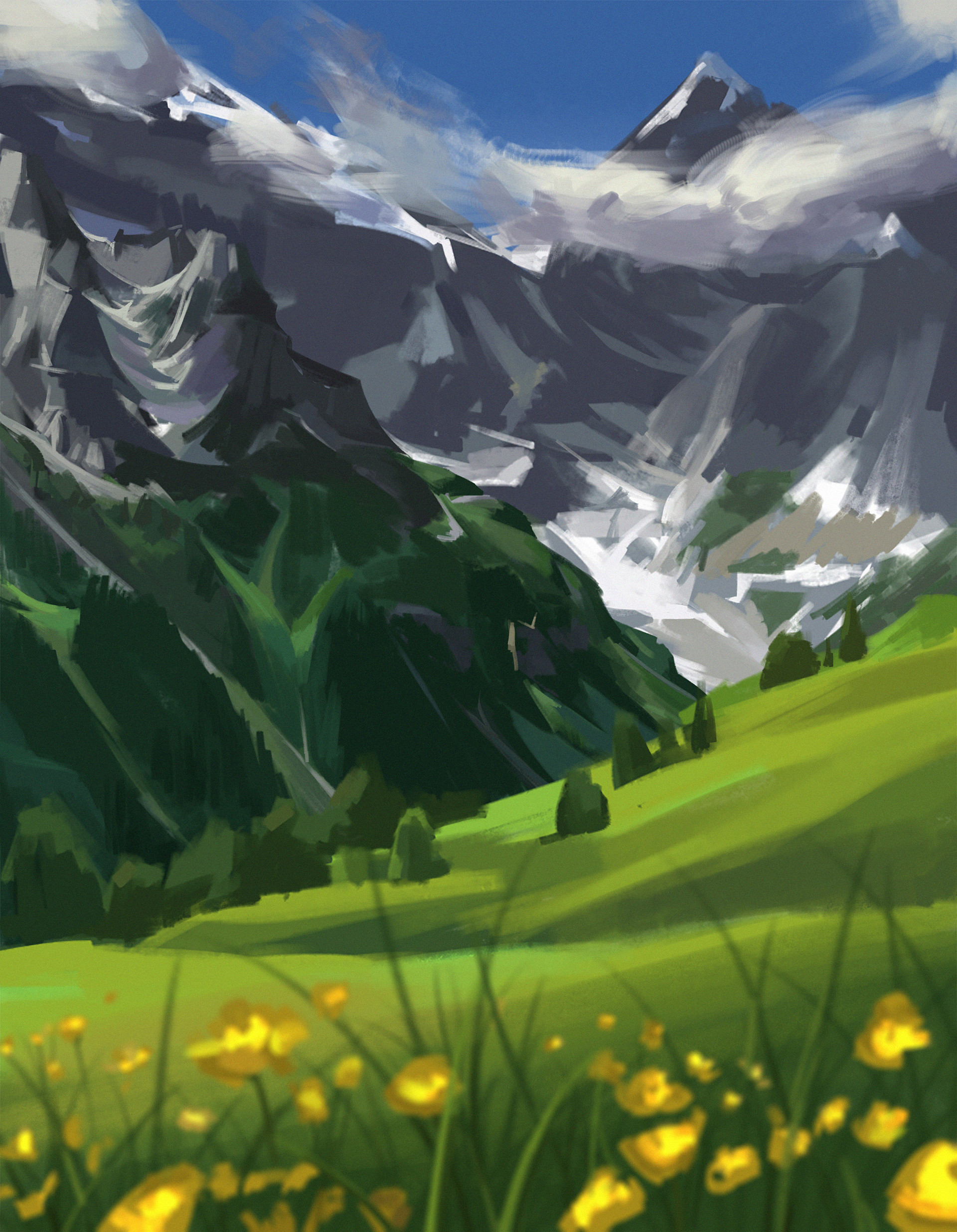 Free download wallpaper Flowers, Trees, Mountains, Art, Landscape on your PC desktop