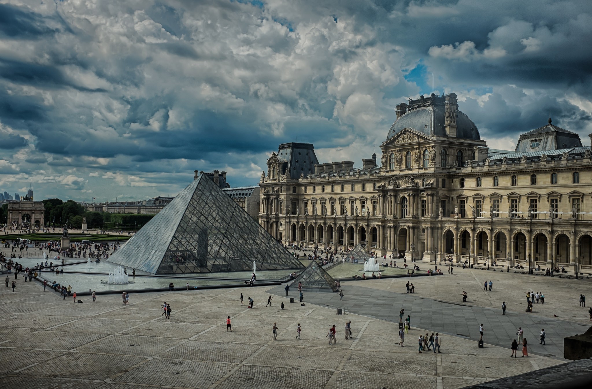 paris, man made, the louvre, cloud, france, pyramid, square