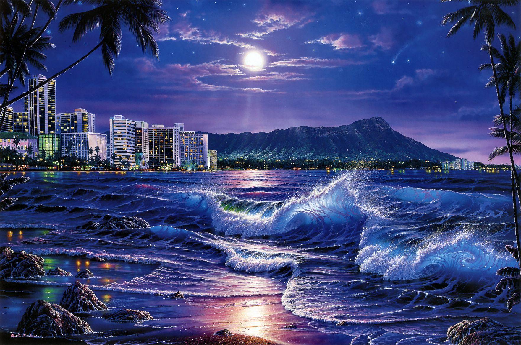 Free download wallpaper Sea, Night, Moon, City, Mountain, Ocean, Painting, Artistic on your PC desktop