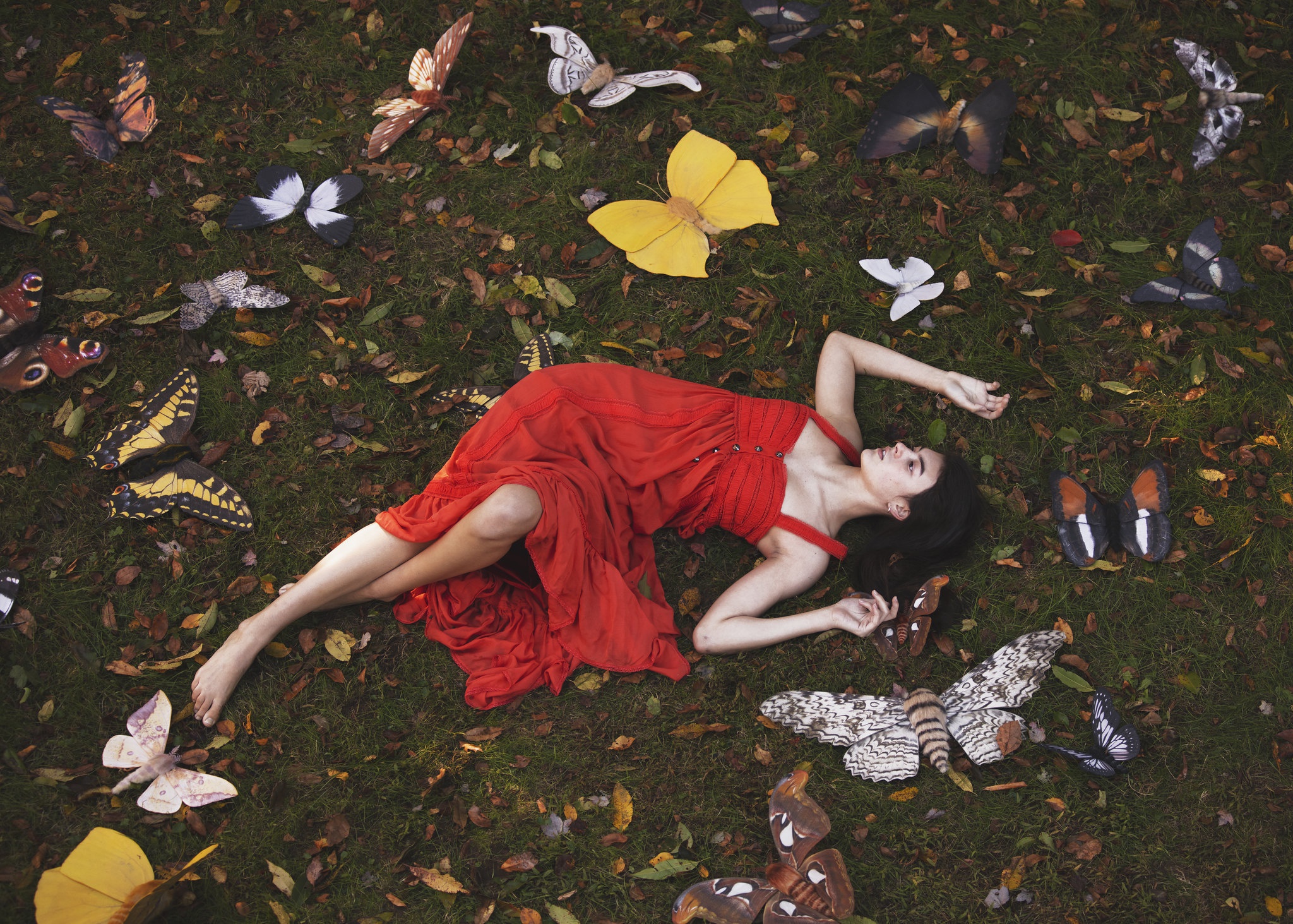 Download mobile wallpaper Butterfly, Mood, Women, Red Dress for free.