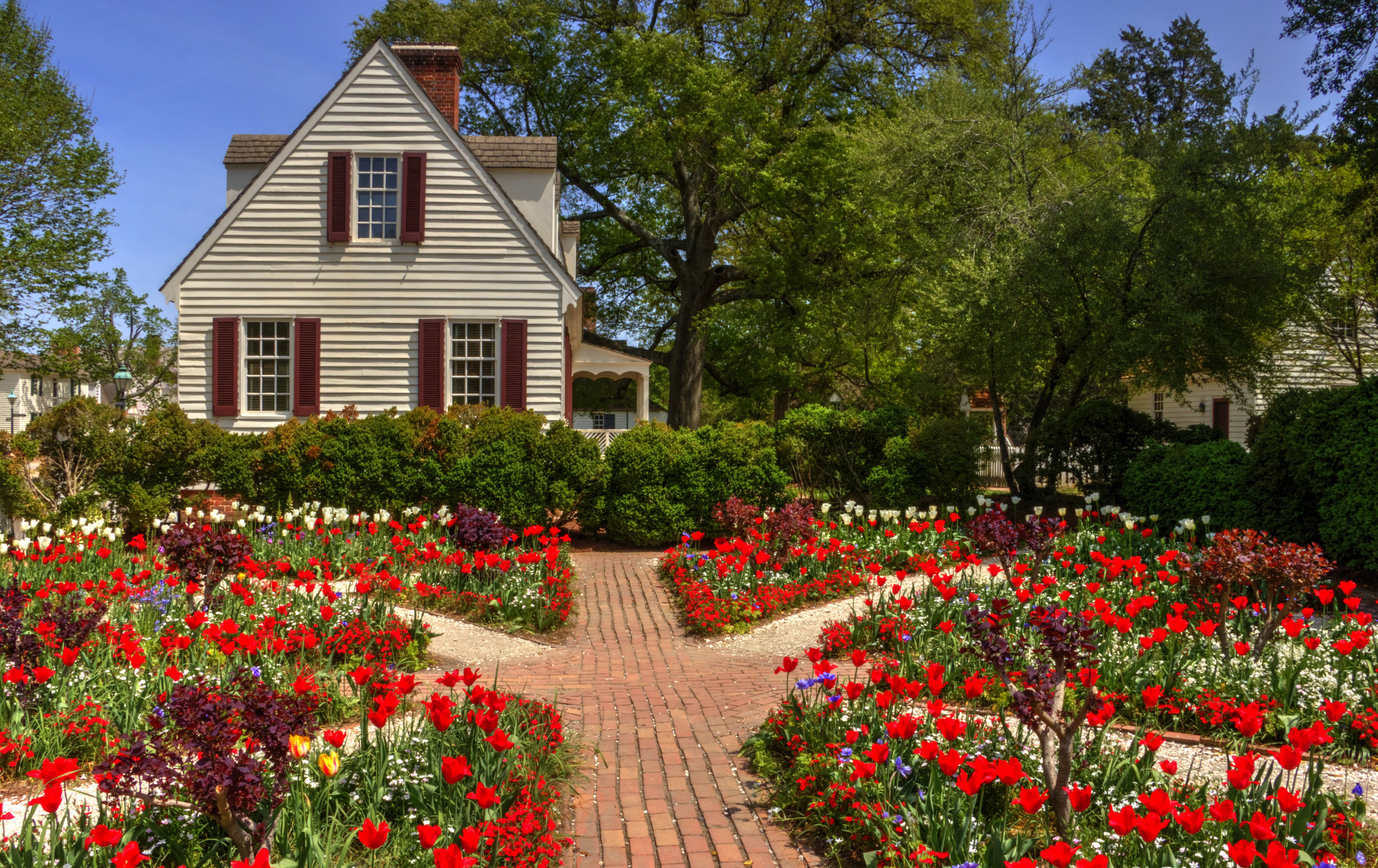 Handy-Wallpaper Gebäude, Blume, Haus, Garten, Frühling, Tulpe, Menschengemacht kostenlos herunterladen.