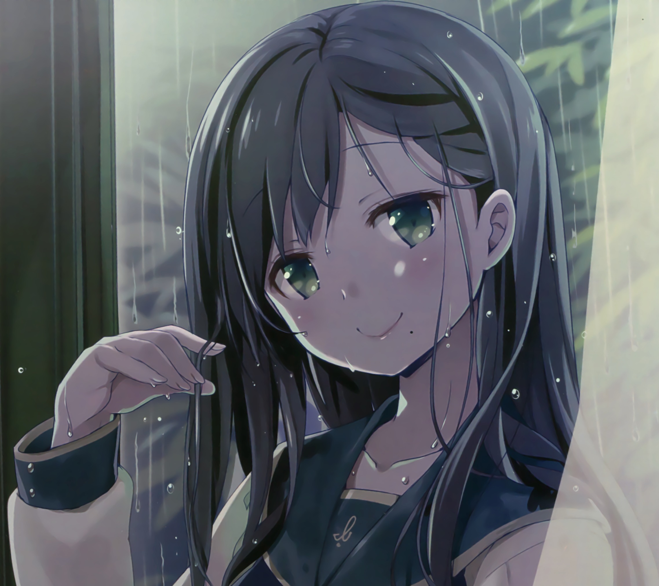 Free download wallpaper Anime, Rain, Smile, Green Eyes, Original, Blush, Black Hair, Long Hair on your PC desktop