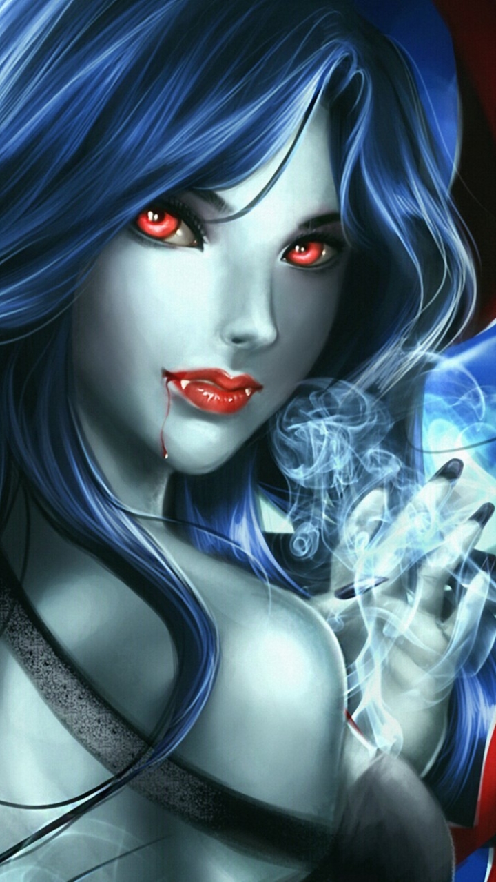 Download mobile wallpaper Fantasy, Blood, Vampire, Blue Hair, Red Eyes for free.