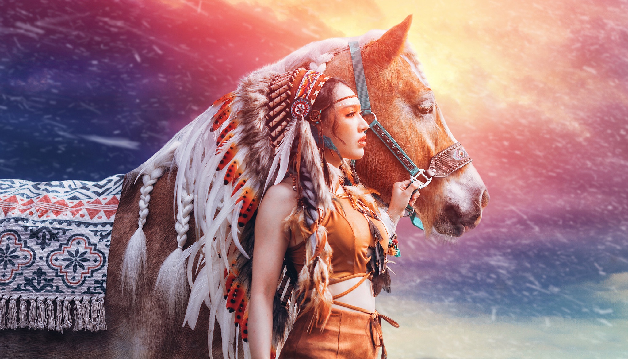 Download mobile wallpaper Horse, Model, Women, Headdress, Asian, Native American for free.
