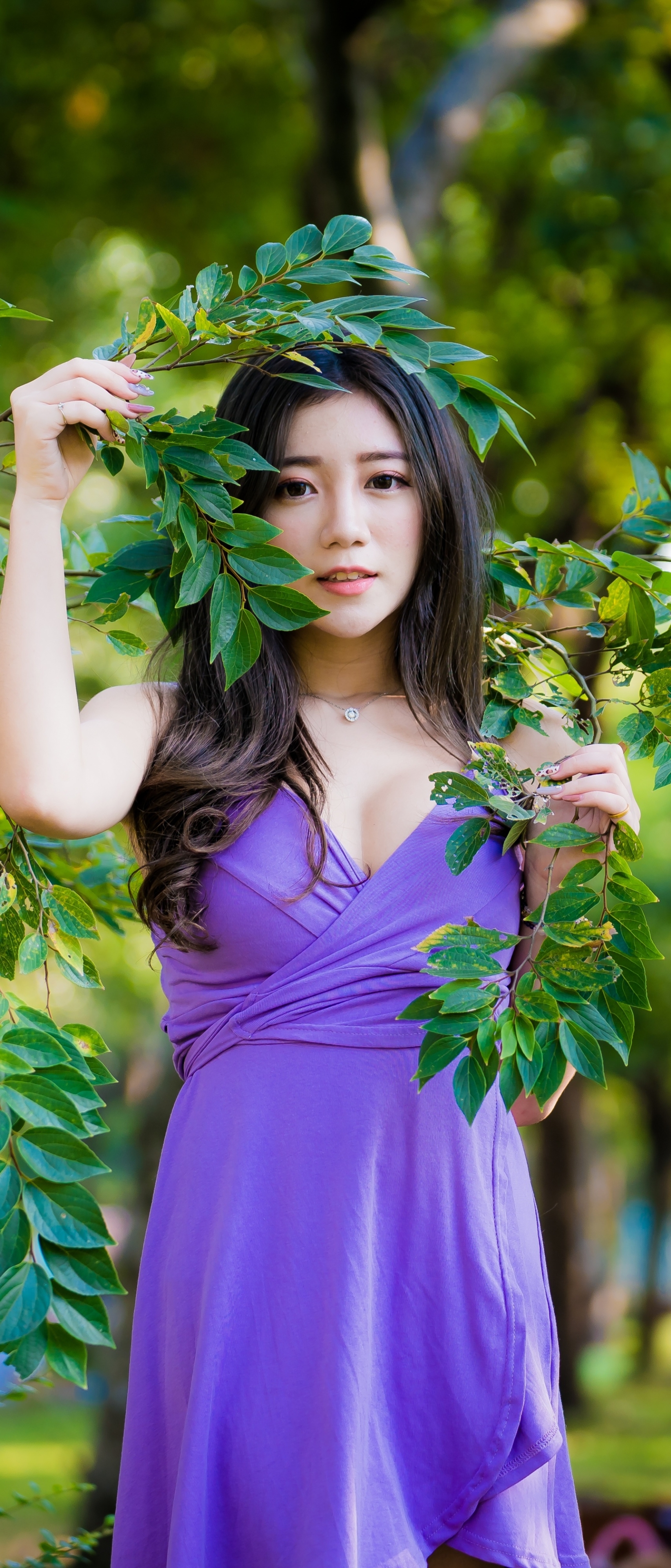 Download mobile wallpaper Model, Women, Asian, Black Hair, Purple Dress for free.