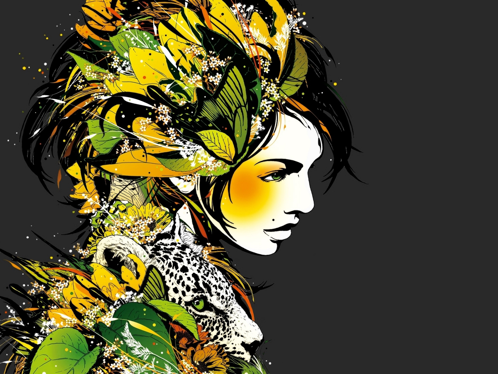 Handy-Wallpaper Blume, Leopard, Blatt, Haar, Profil, Frauen, Künstlerisch kostenlos herunterladen.