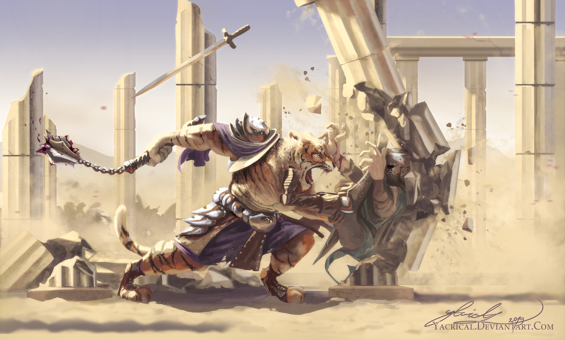 Free download wallpaper Fantasy, Desert, Tiger, Warrior, Fight, Sword on your PC desktop