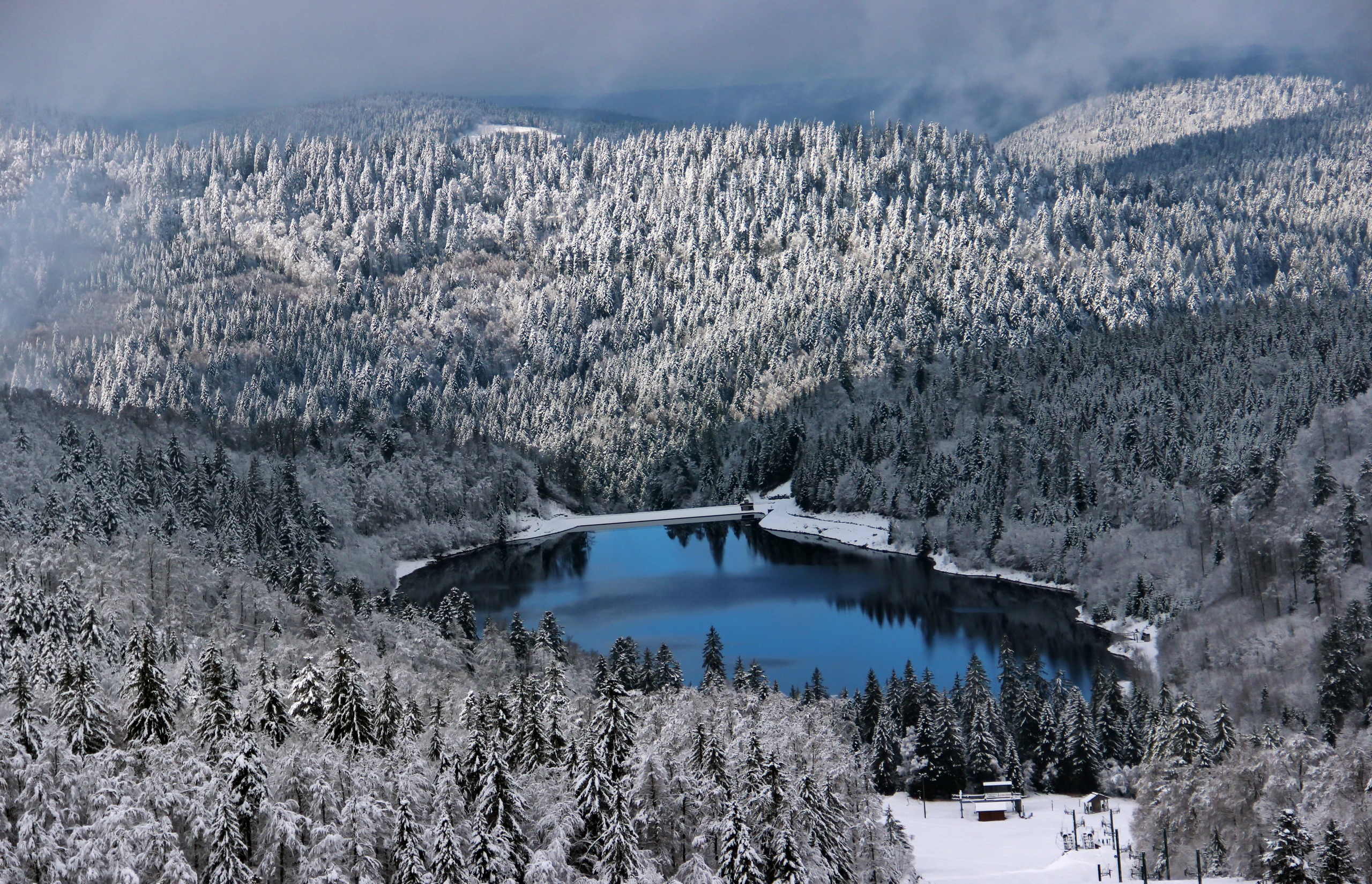 Скачать обои бесплатно Зима, Природа, Снег, Озеро, Лес, Дерево, Ландшафт, Земля/природа картинка на рабочий стол ПК