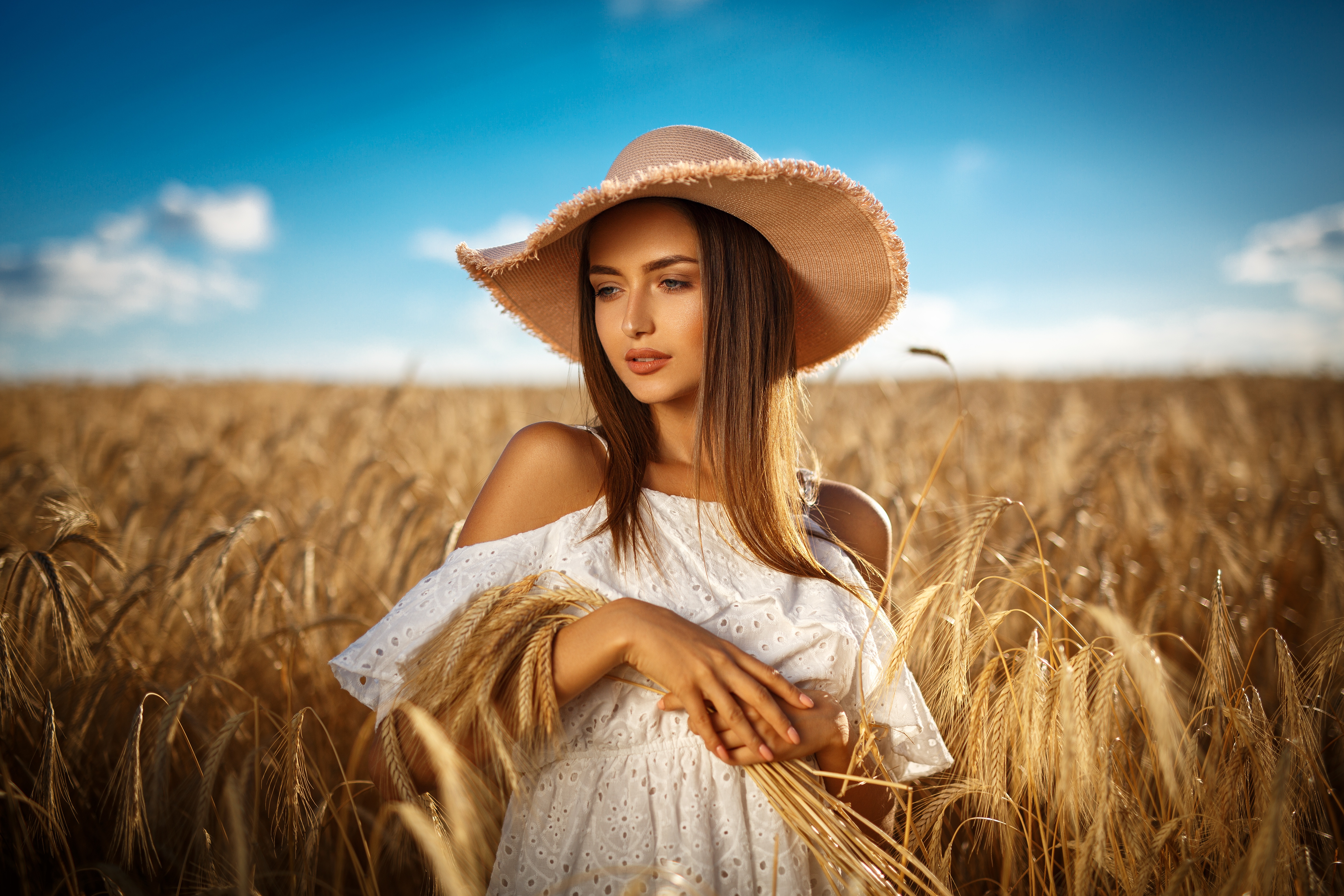 Free download wallpaper Summer, Wheat, Field, Blonde, Hat, Model, Women, White Dress on your PC desktop