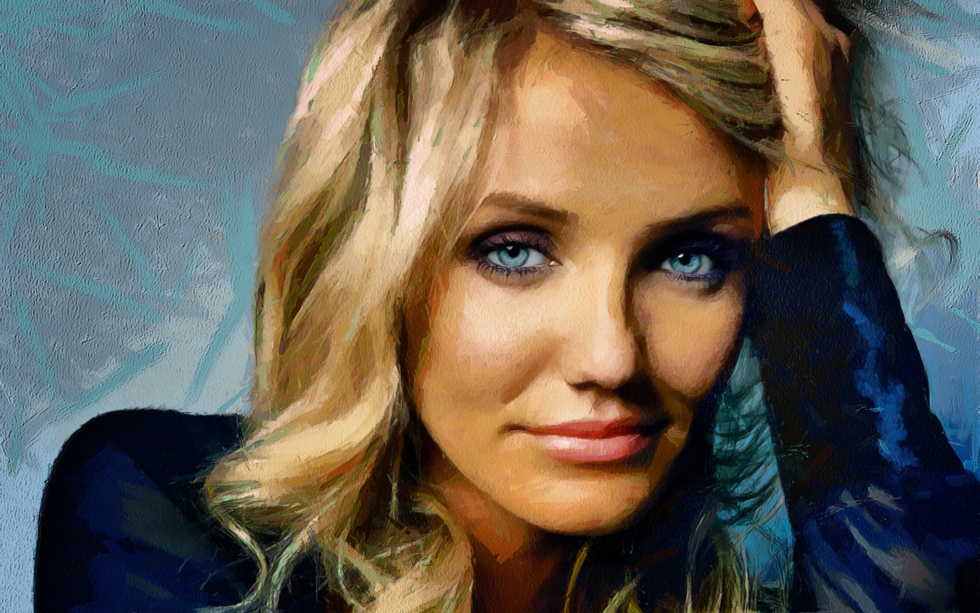 Free download wallpaper Painting, Blonde, Face, Blue Eyes, American, Celebrity, Actress, Cameron Diaz on your PC desktop