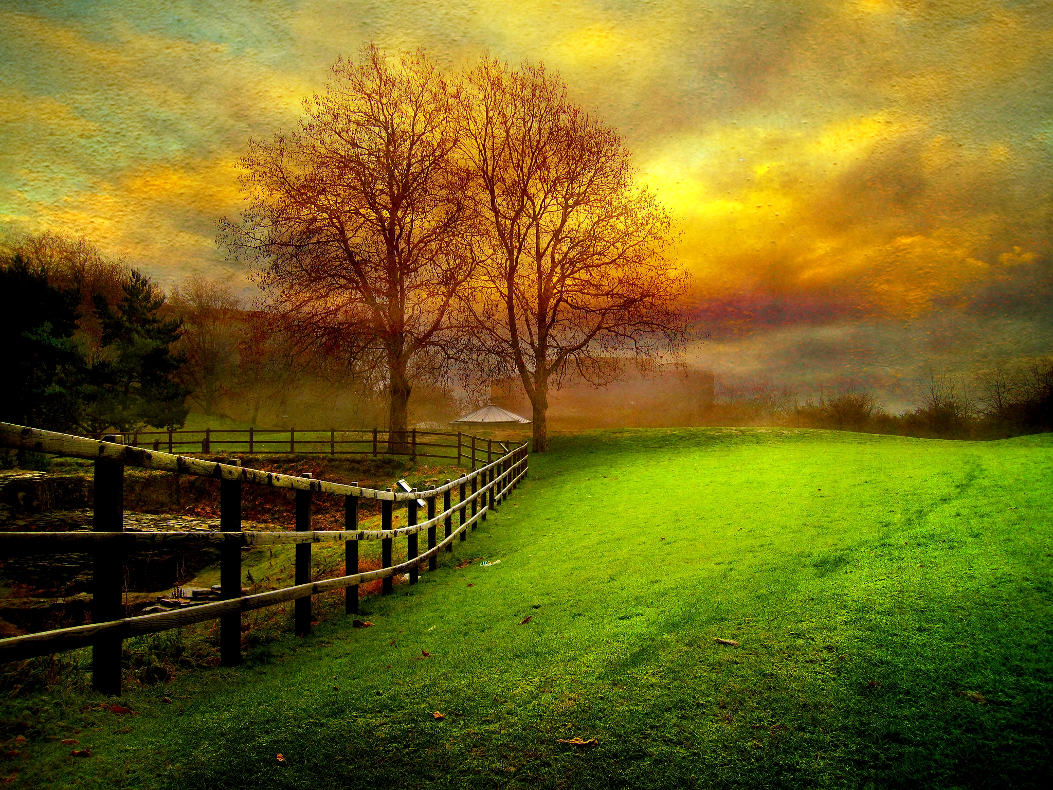 Free download wallpaper Sunset, Sky, Tree, Fall, Field, Fence, Cloud, Country, Man Made on your PC desktop