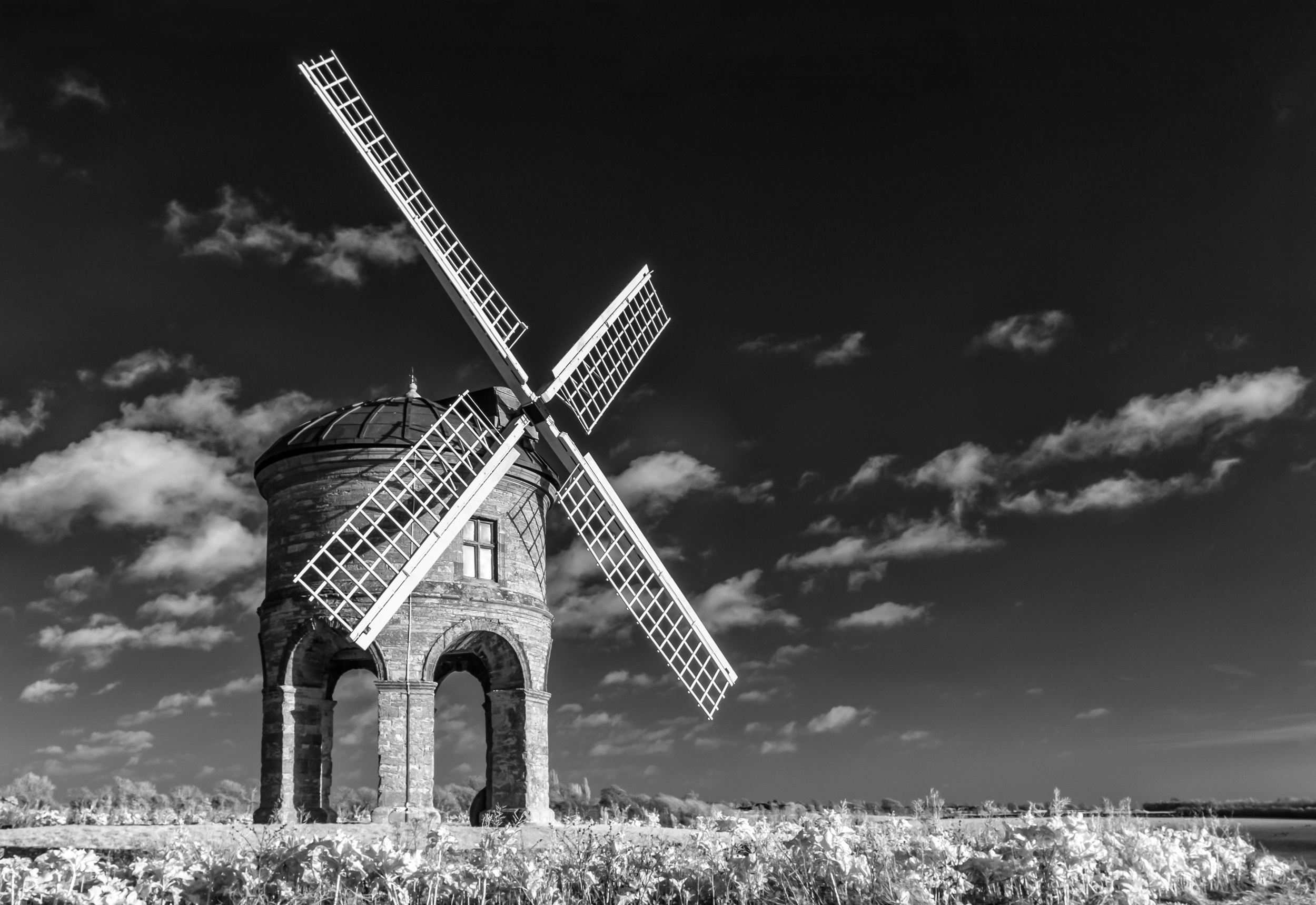 Free download wallpaper Sky, Building, Windmill, Man Made, Black & White on your PC desktop