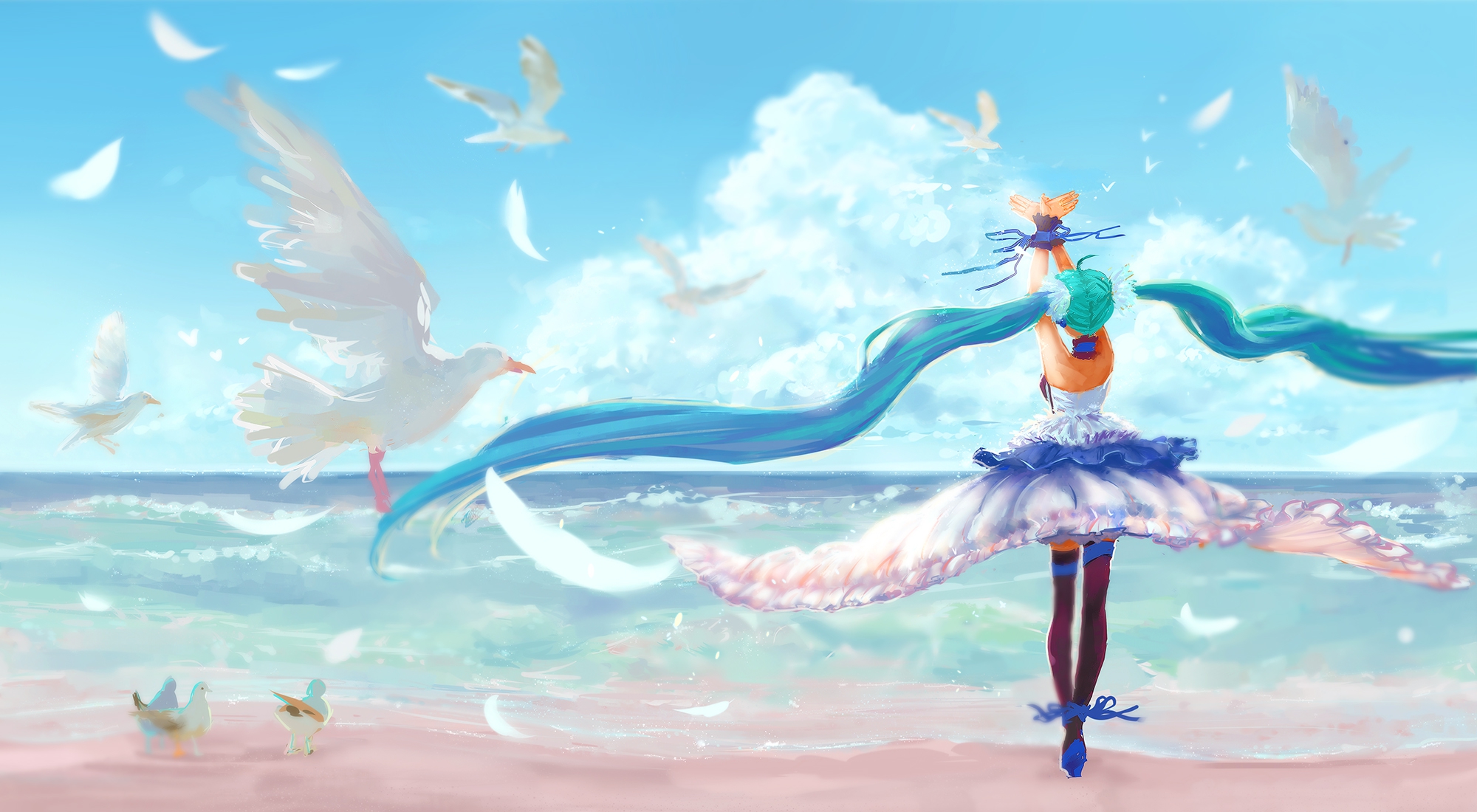 Free download wallpaper Anime, Water, Sky, Beach, Bird, Ocean, Cloud, Vocaloid, Collar, Dress, Hatsune Miku, Long Hair, Thigh Highs, Aqua Hair, White Dress on your PC desktop
