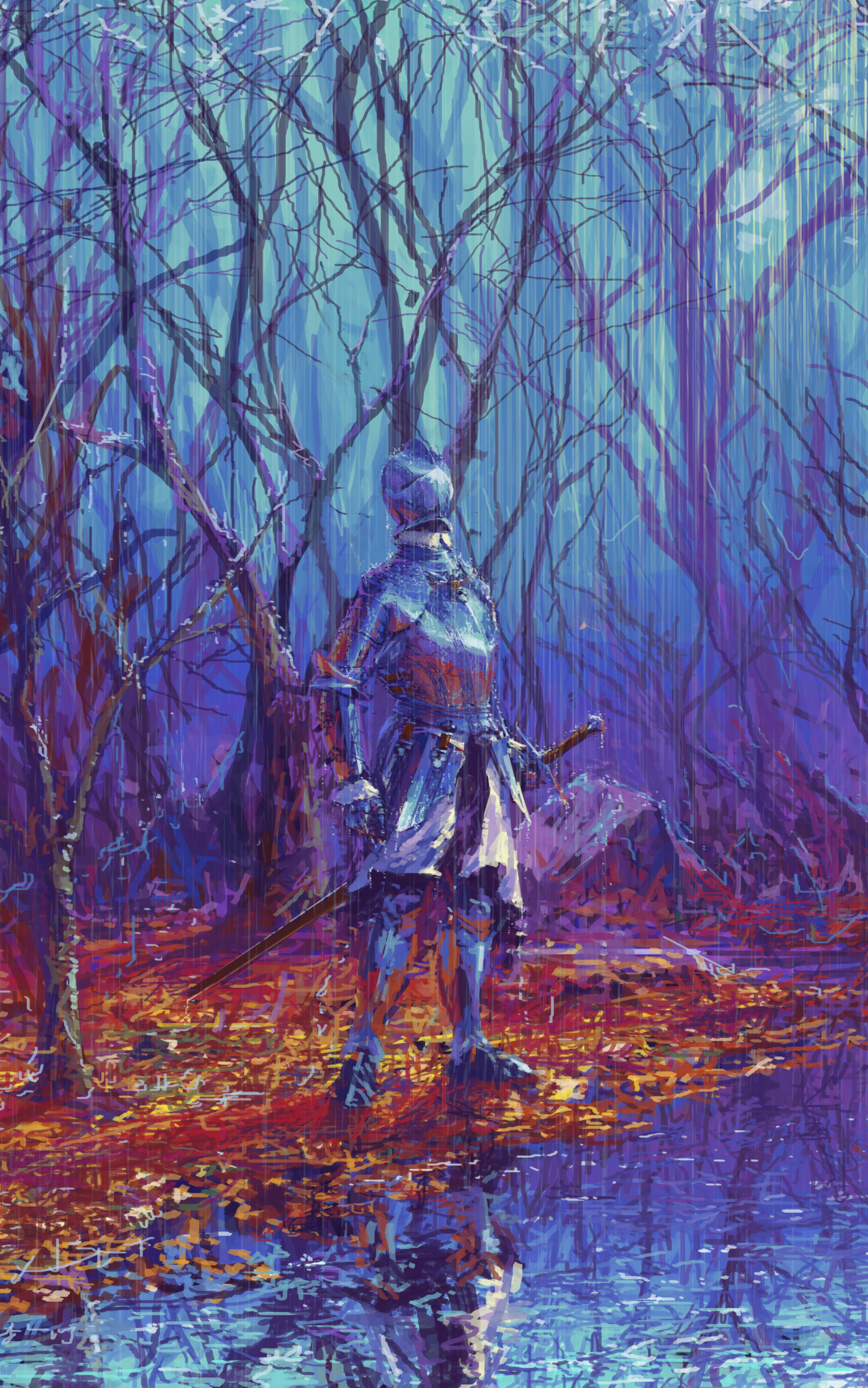 Download mobile wallpaper Fantasy, Rain, Warrior, Knight, Armor for free.