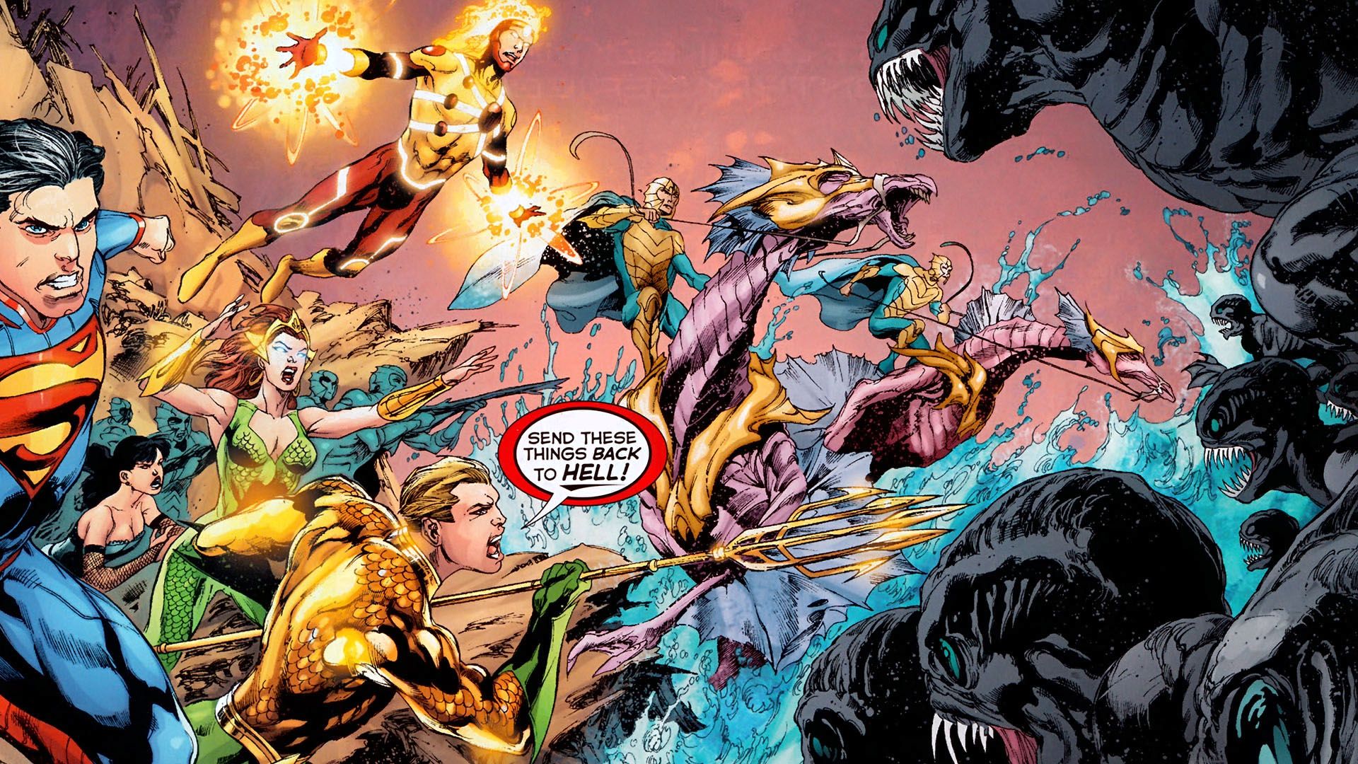 comics, justice league of america, aquaman, firestorm (dc comics), mera (dc comics), superman, zatanna, justice league
