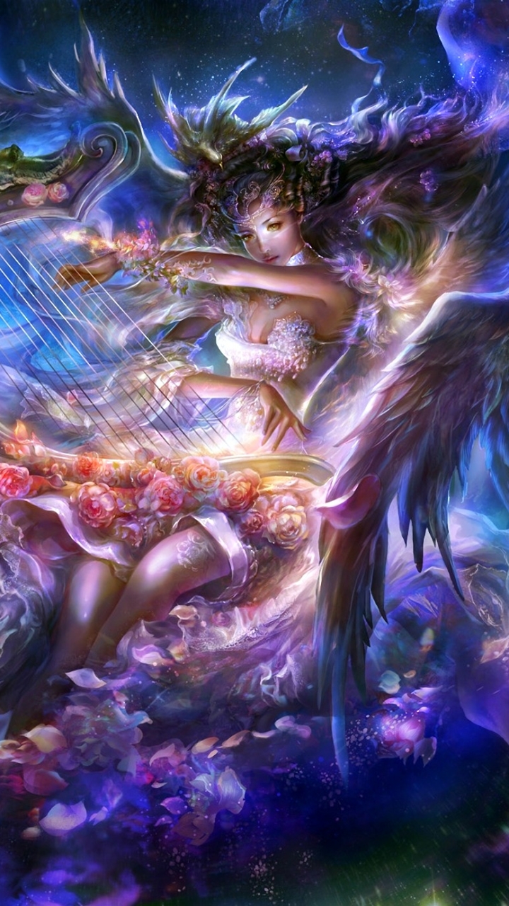Download mobile wallpaper Fantasy, Flower, Wings, Angel, Harp for free.
