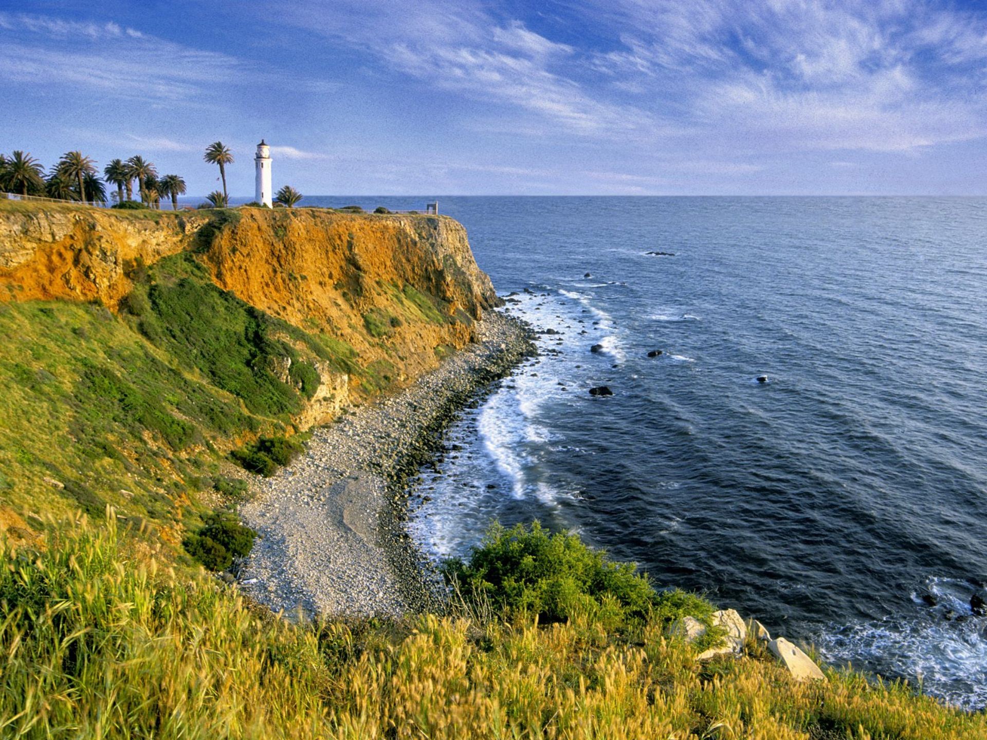 Download mobile wallpaper Sea, Horizon, Coast, Ocean, Cliff, Lighthouse, Man Made for free.