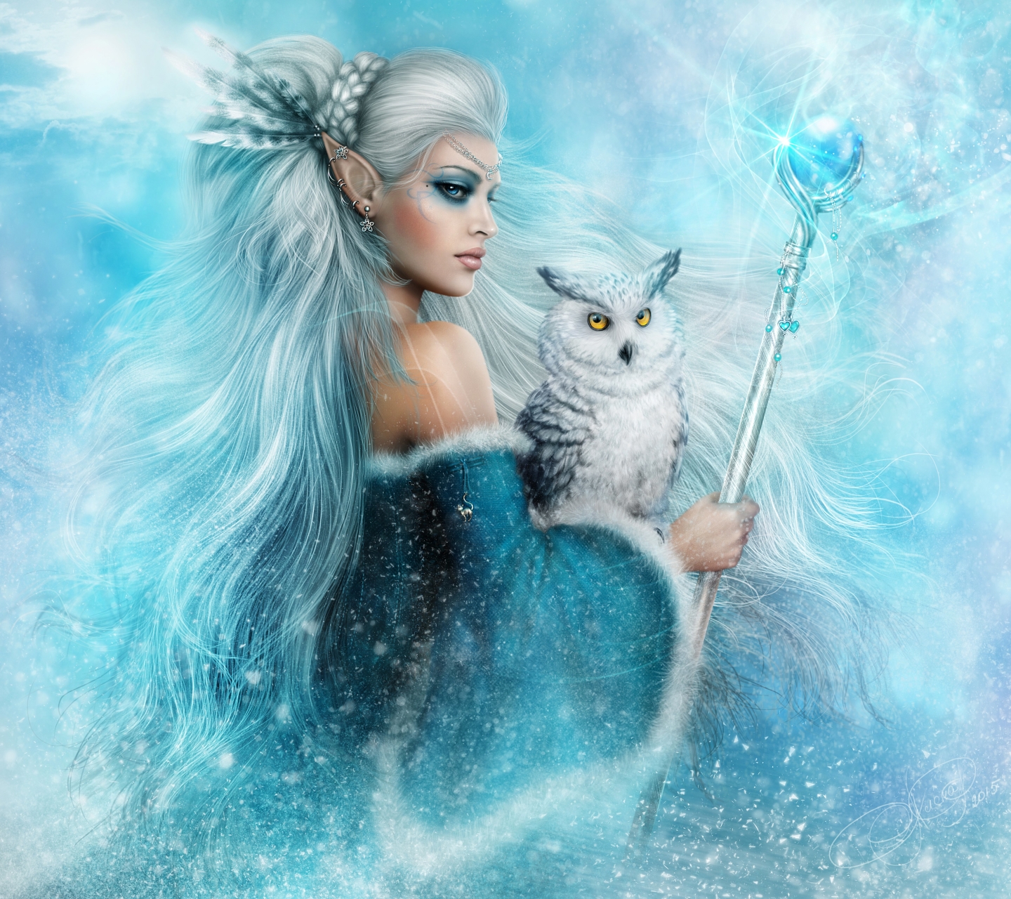 Free download wallpaper Winter, Fantasy, Owl, Elf, Blue Eyes, Staff, Snowy Owl, White Hair on your PC desktop