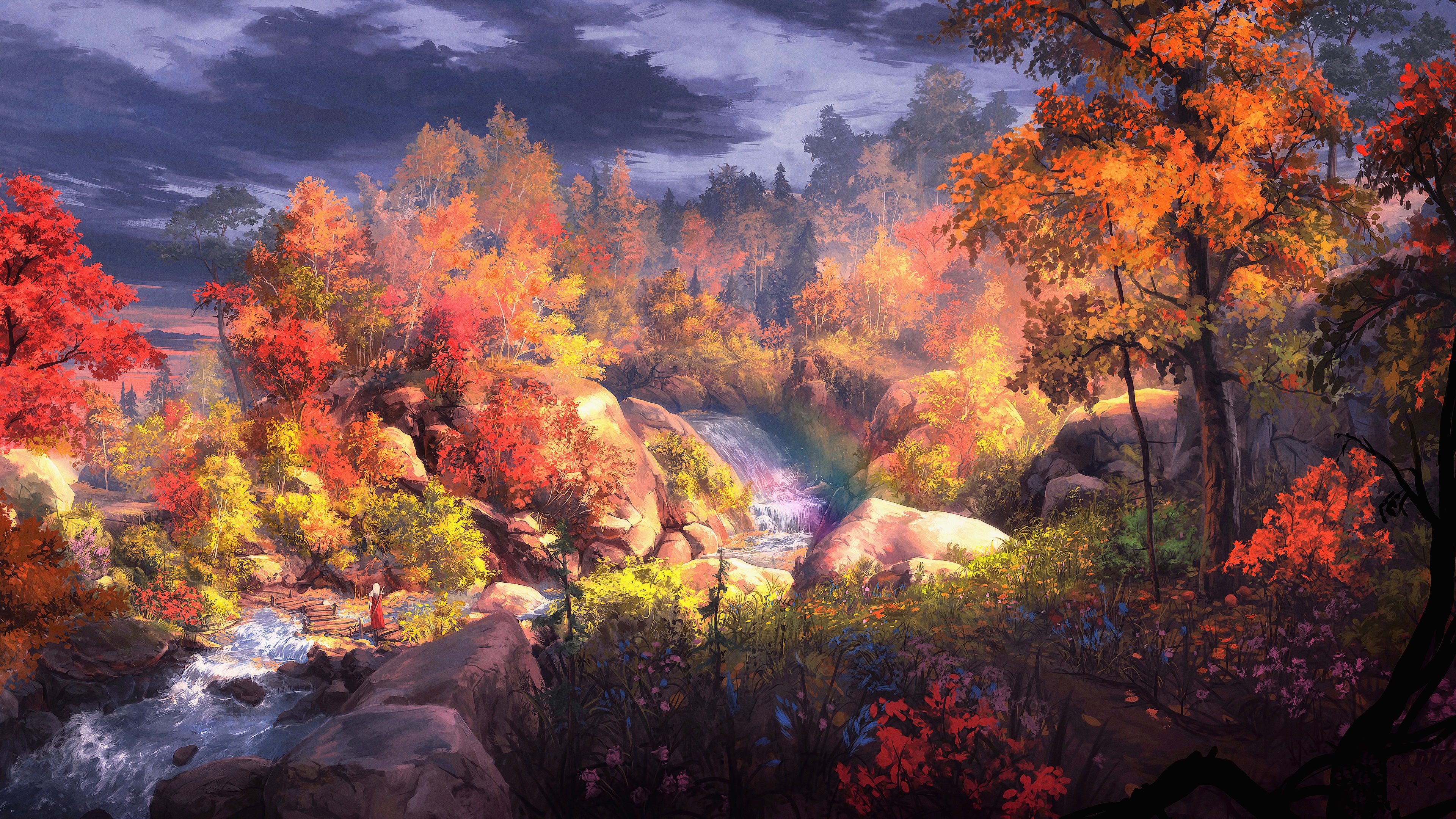 Download mobile wallpaper Landscape, Fantasy, Forest, Fall, River, Woman Warrior for free.