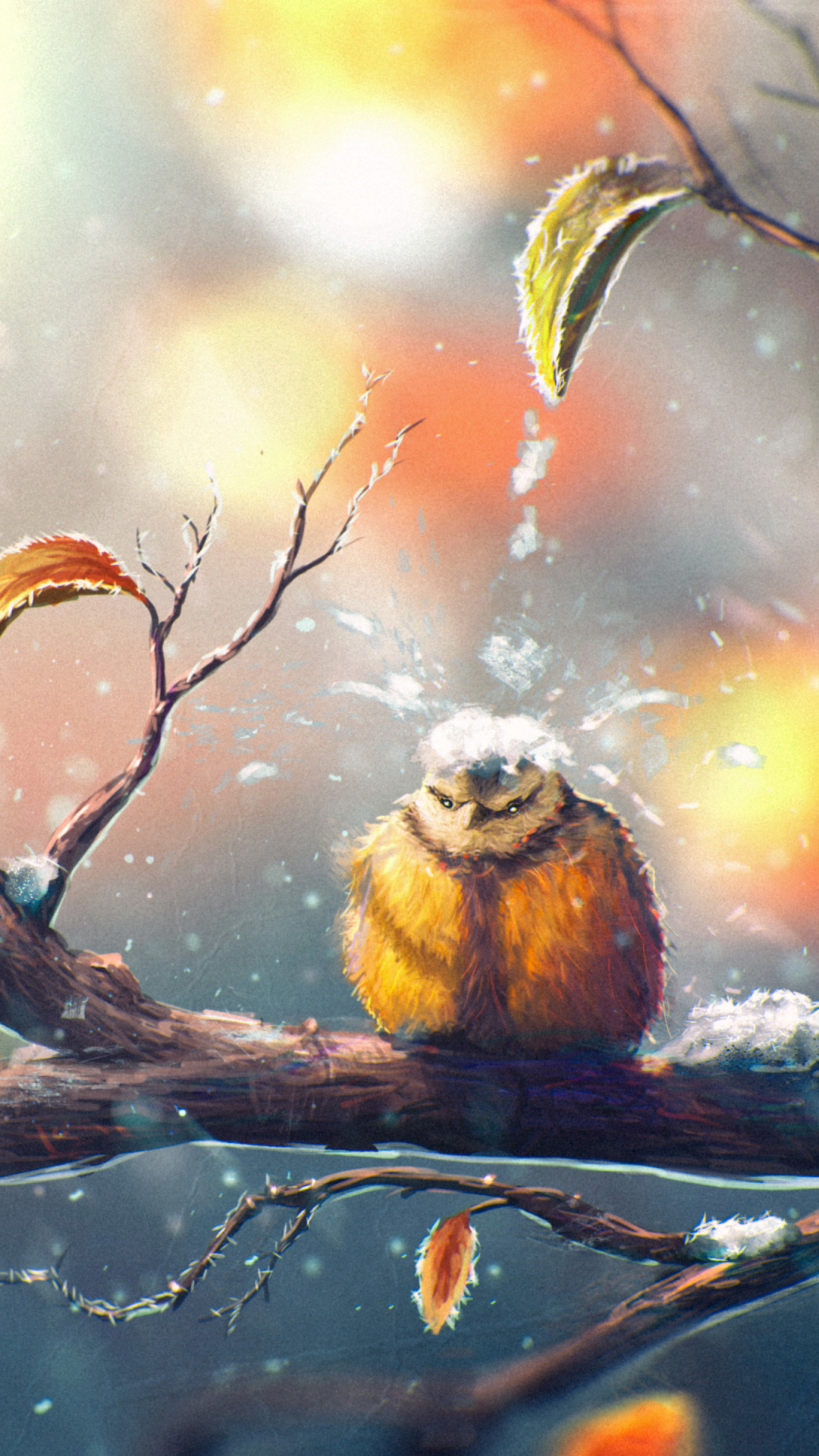 Download mobile wallpaper Funny, Winter, Snow, Bird, Painting, Artistic, Cute for free.