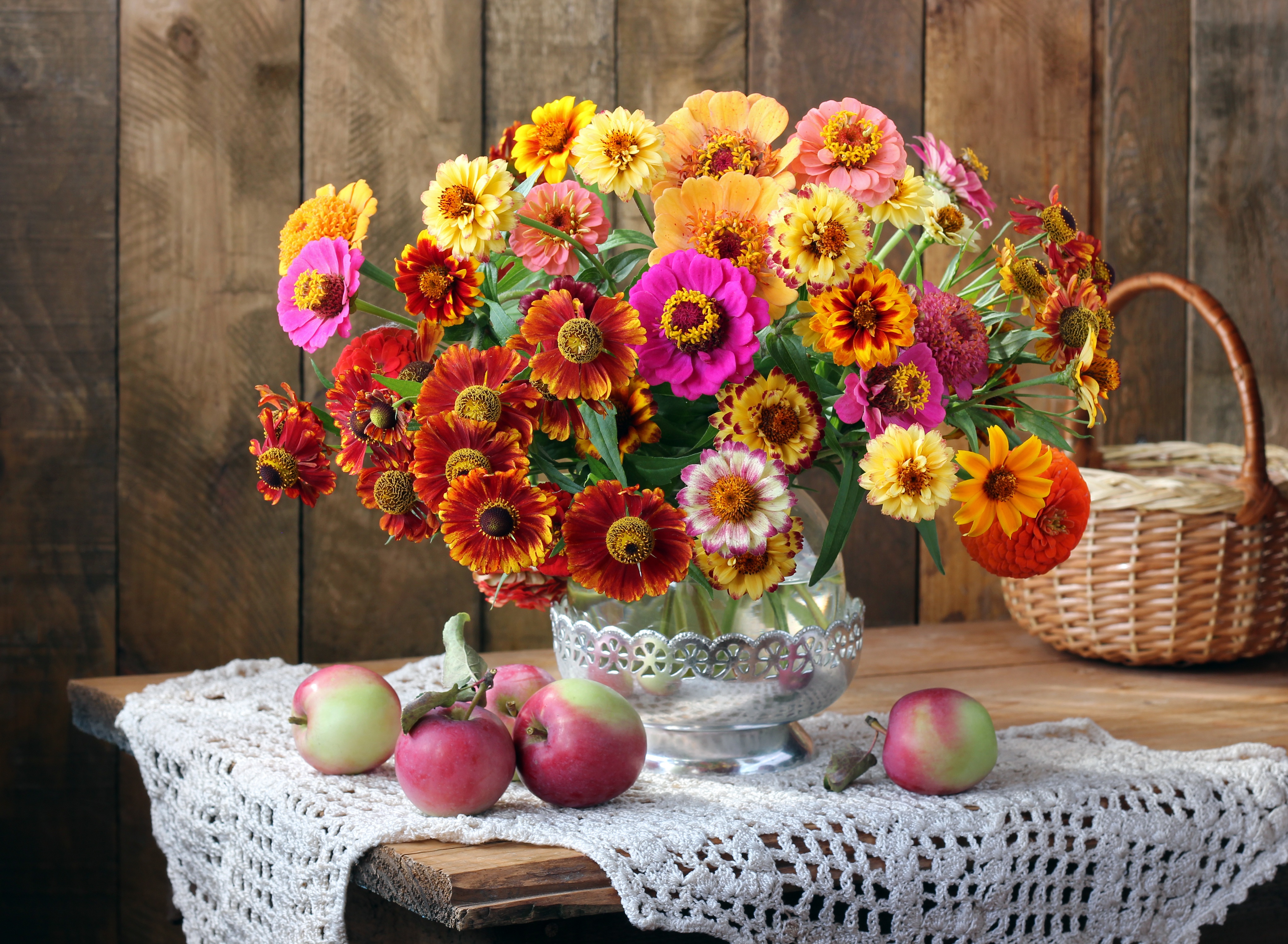 Download mobile wallpaper Apple, Still Life, Flower, Bouquet, Fruit, Photography for free.