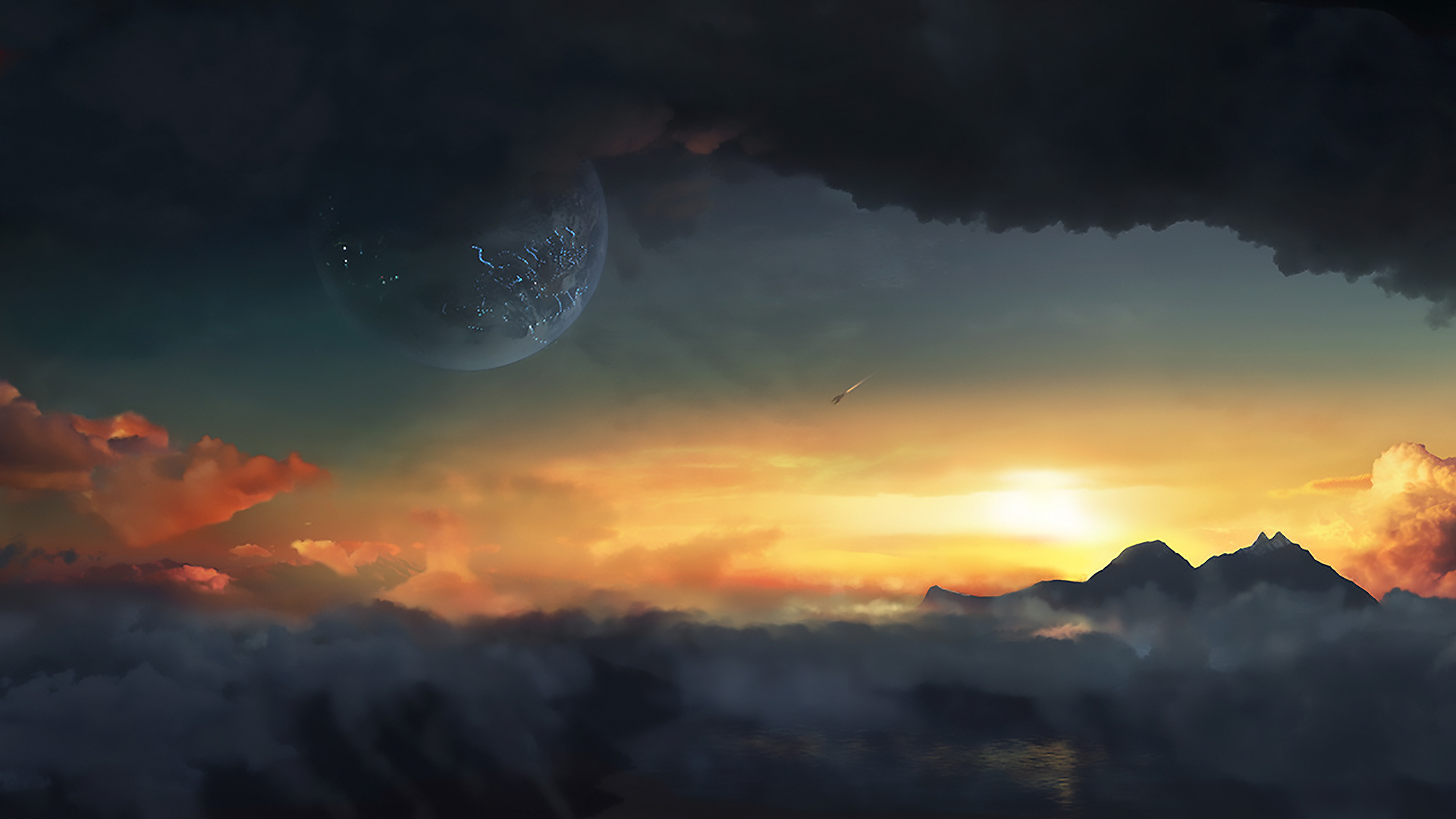 Free download wallpaper Landscape, Sunset, Sky, Planet, Sci Fi, Cloud on your PC desktop
