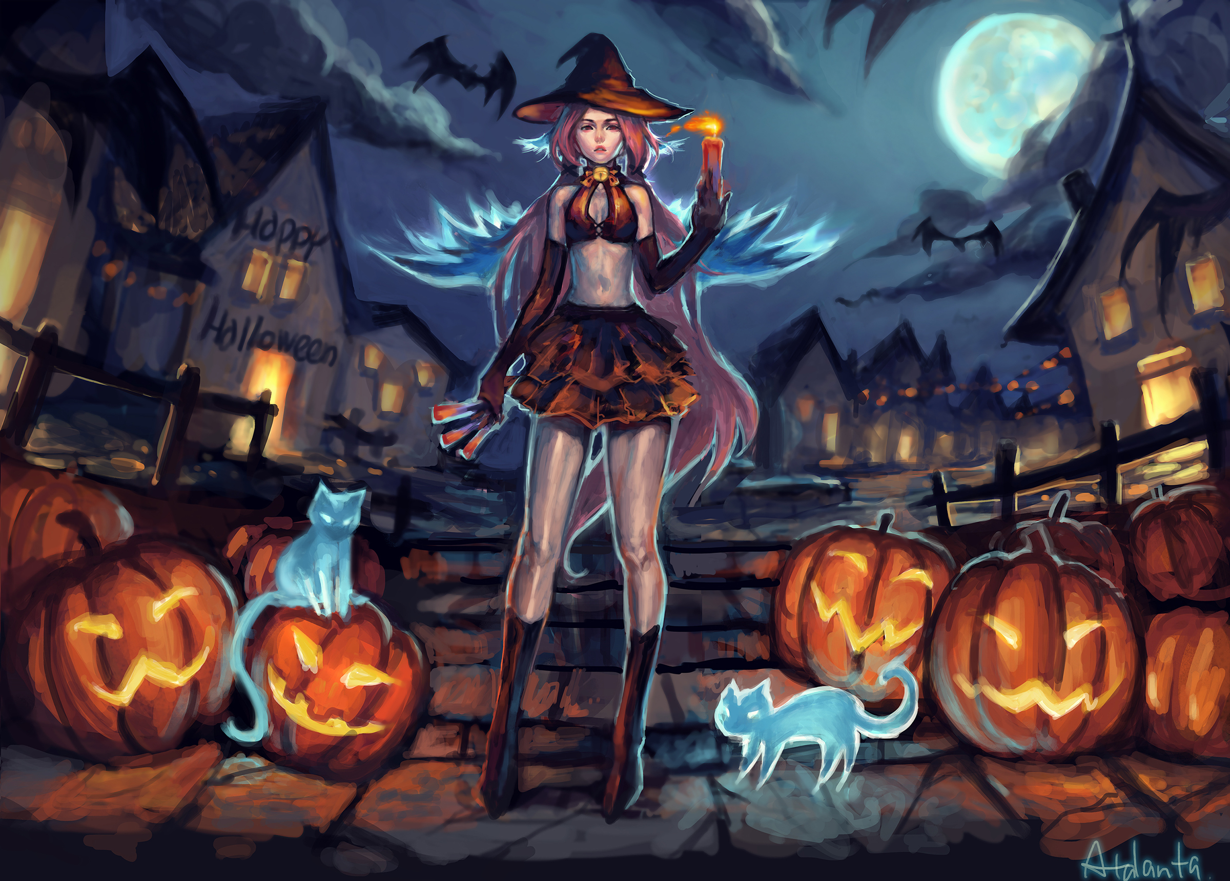 Free download wallpaper Halloween, Pumpkin, Cat, Holiday, Village, Candle, Witch, Pink Hair, Long Hair on your PC desktop
