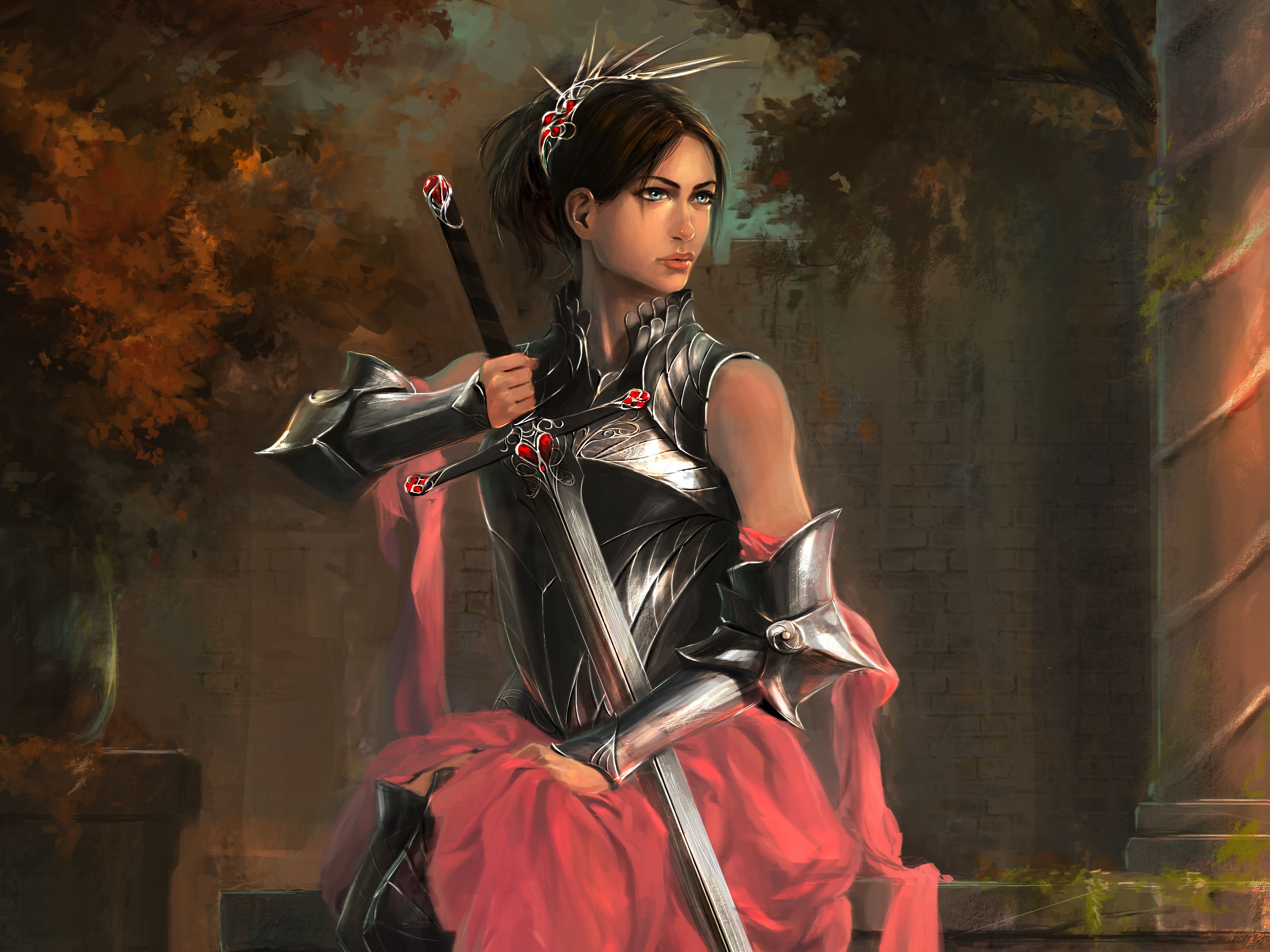 PCデスクトップにファンタジー, 鎧, 剣, 茶髪, 女戦士画像を無料でダウンロード