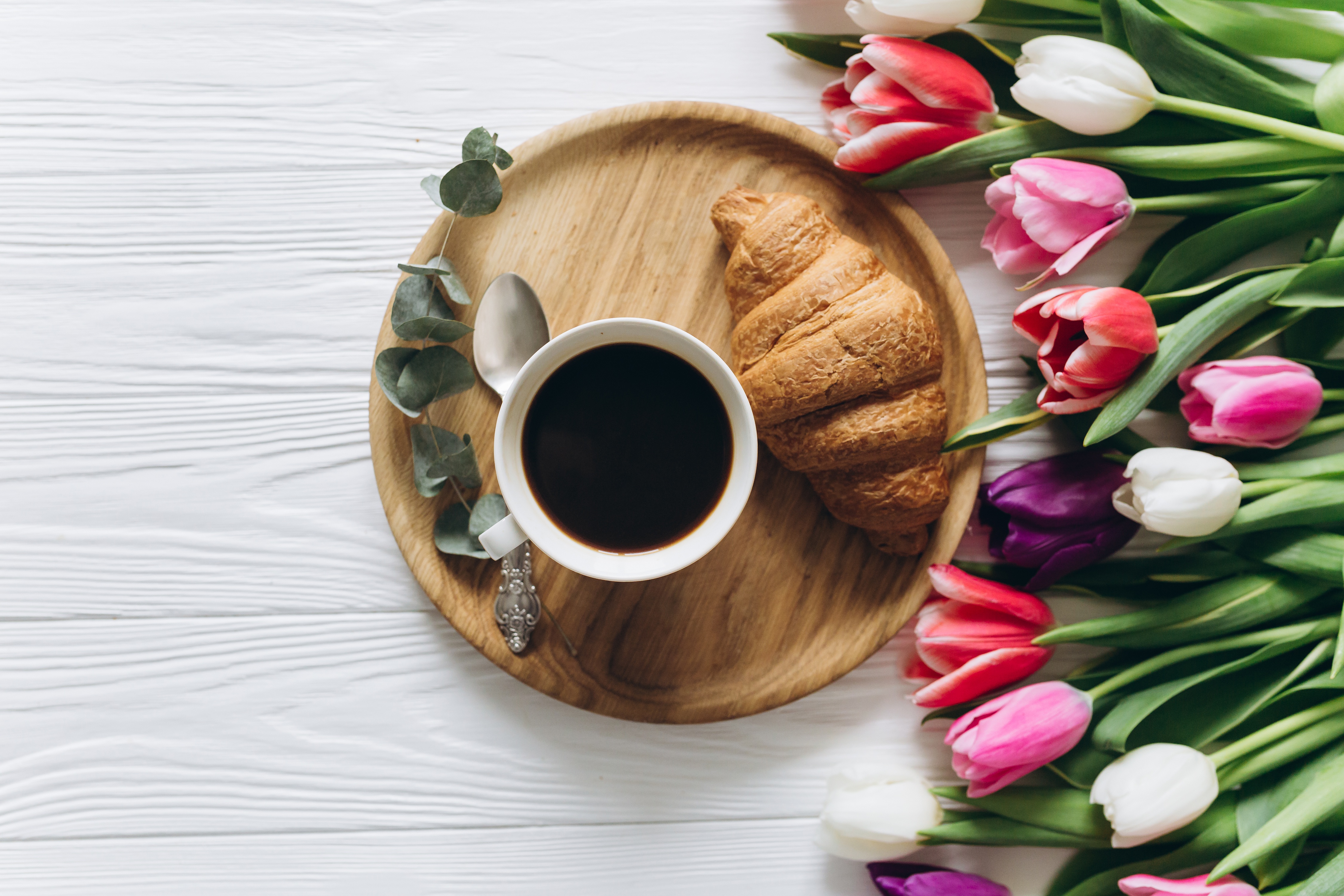 Handy-Wallpaper Blume, Tulpe, Croissant, Nahrungsmittel, Stillleben, Kaffee kostenlos herunterladen.