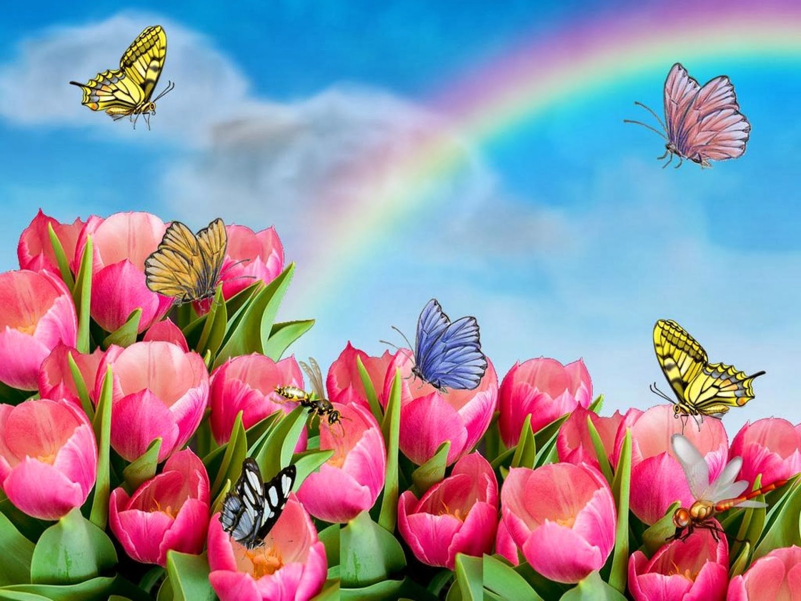 Скачать обои бесплатно Бабочка, Весна, Тюльпан, Художественные, Розовый Цветок картинка на рабочий стол ПК