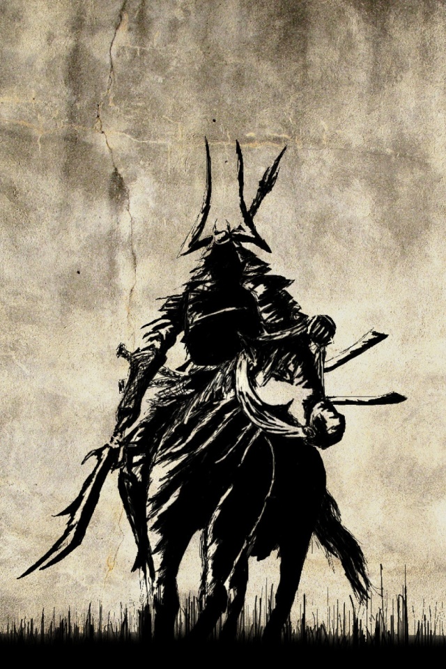 Download mobile wallpaper Fantasy, Silhouette, Drawing, Horse, Samurai for free.