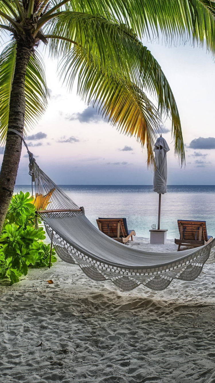 Download mobile wallpaper Beach, Holiday, Tropical, Maldives, Hammock, Man Made for free.