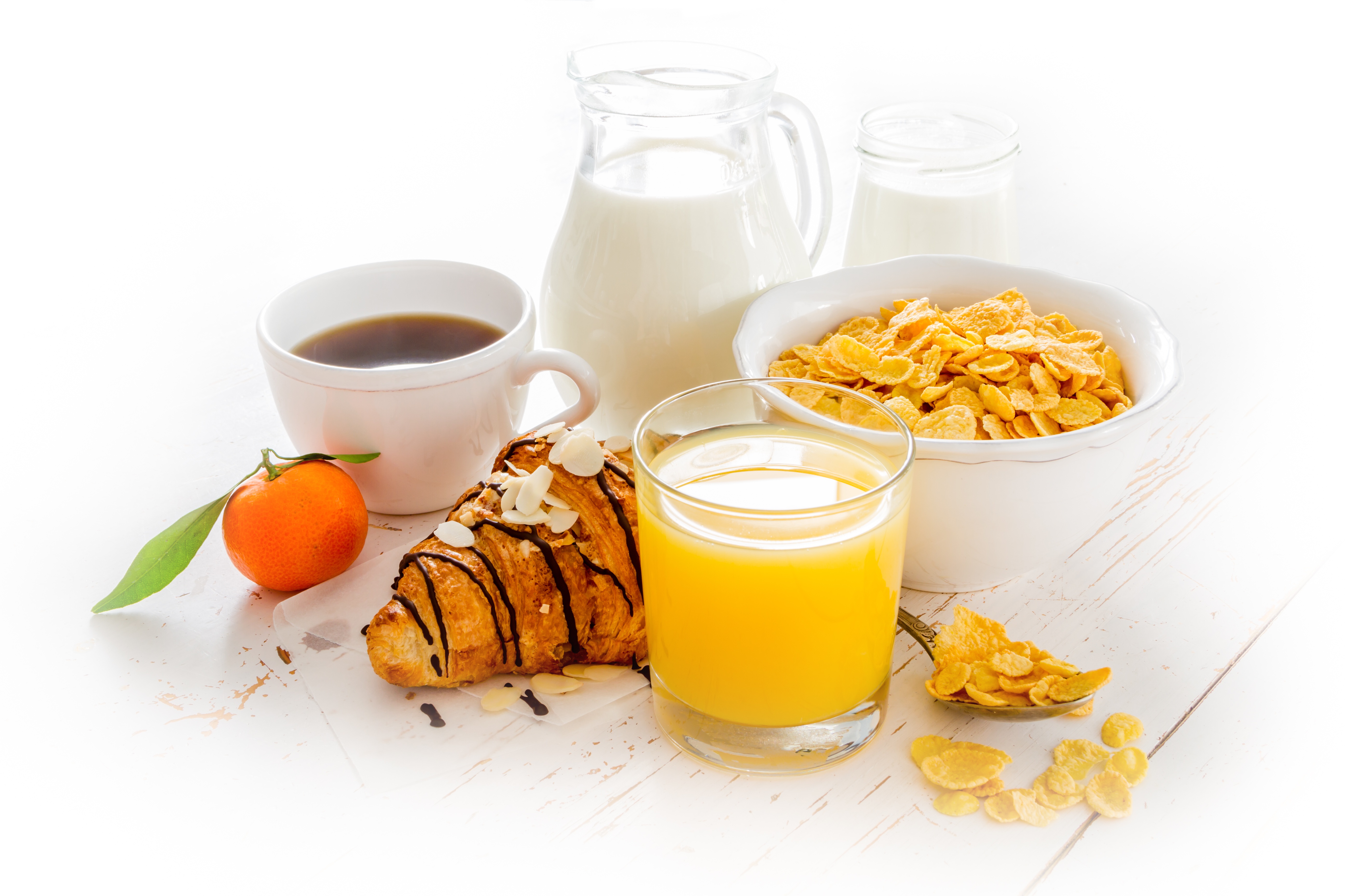 food, breakfast, cereal, coffee, croissant, juice, milk, still life wallpapers for tablet