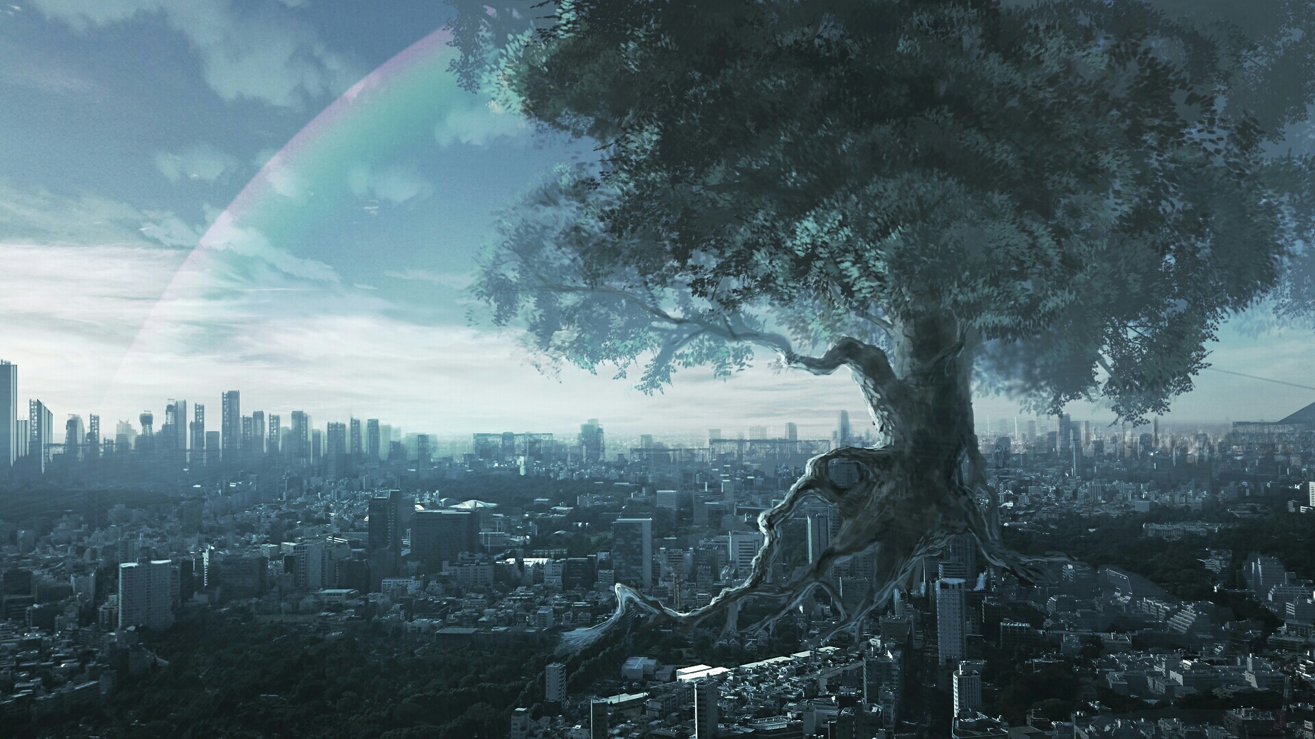 Laden Sie das Regenbogen, Baum, Wolke, Original, Himmel, Animes, Großstadt-Bild kostenlos auf Ihren PC-Desktop herunter