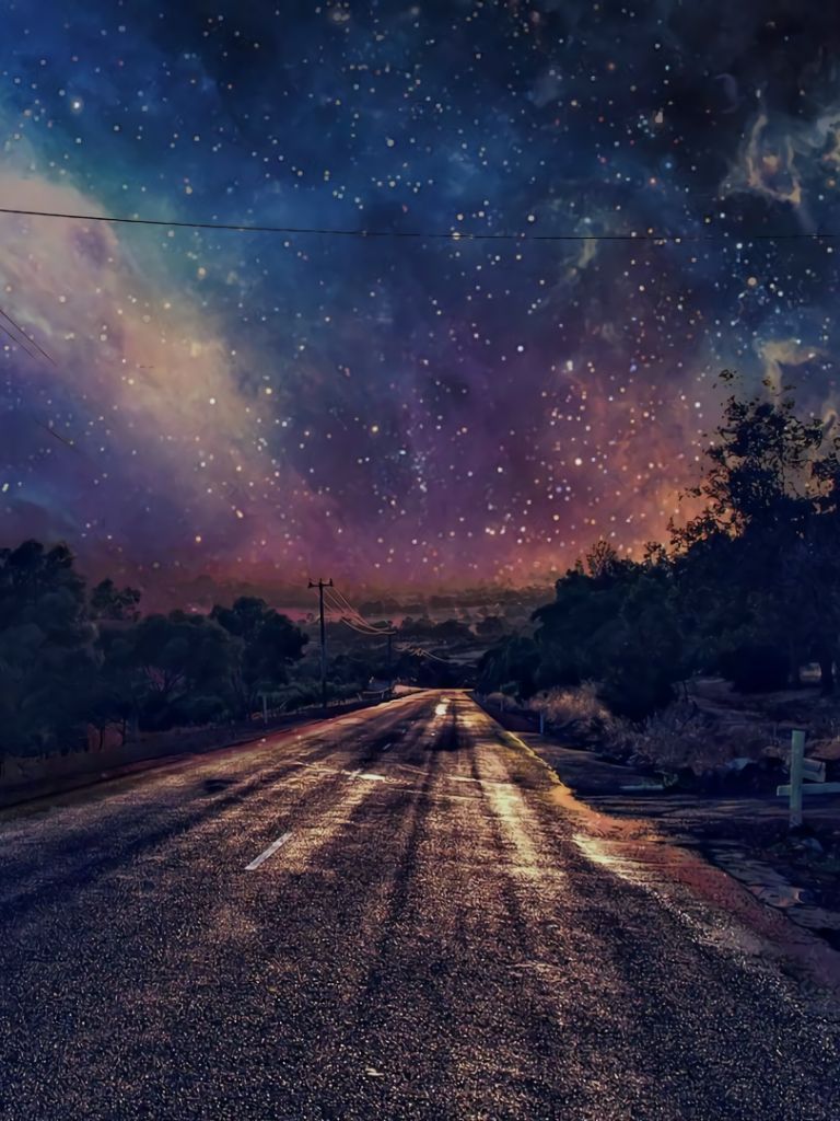 Download mobile wallpaper Sky, Night, Road, Starry Sky, Man Made for free.