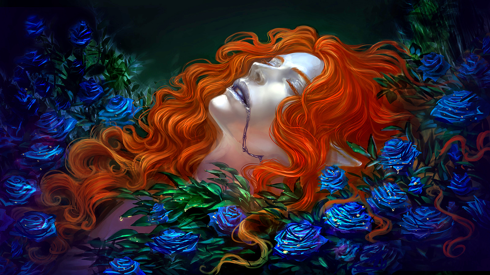 Download mobile wallpaper Fantasy, Death, Dark, Rose, Orange Hair, Blue Flower for free.