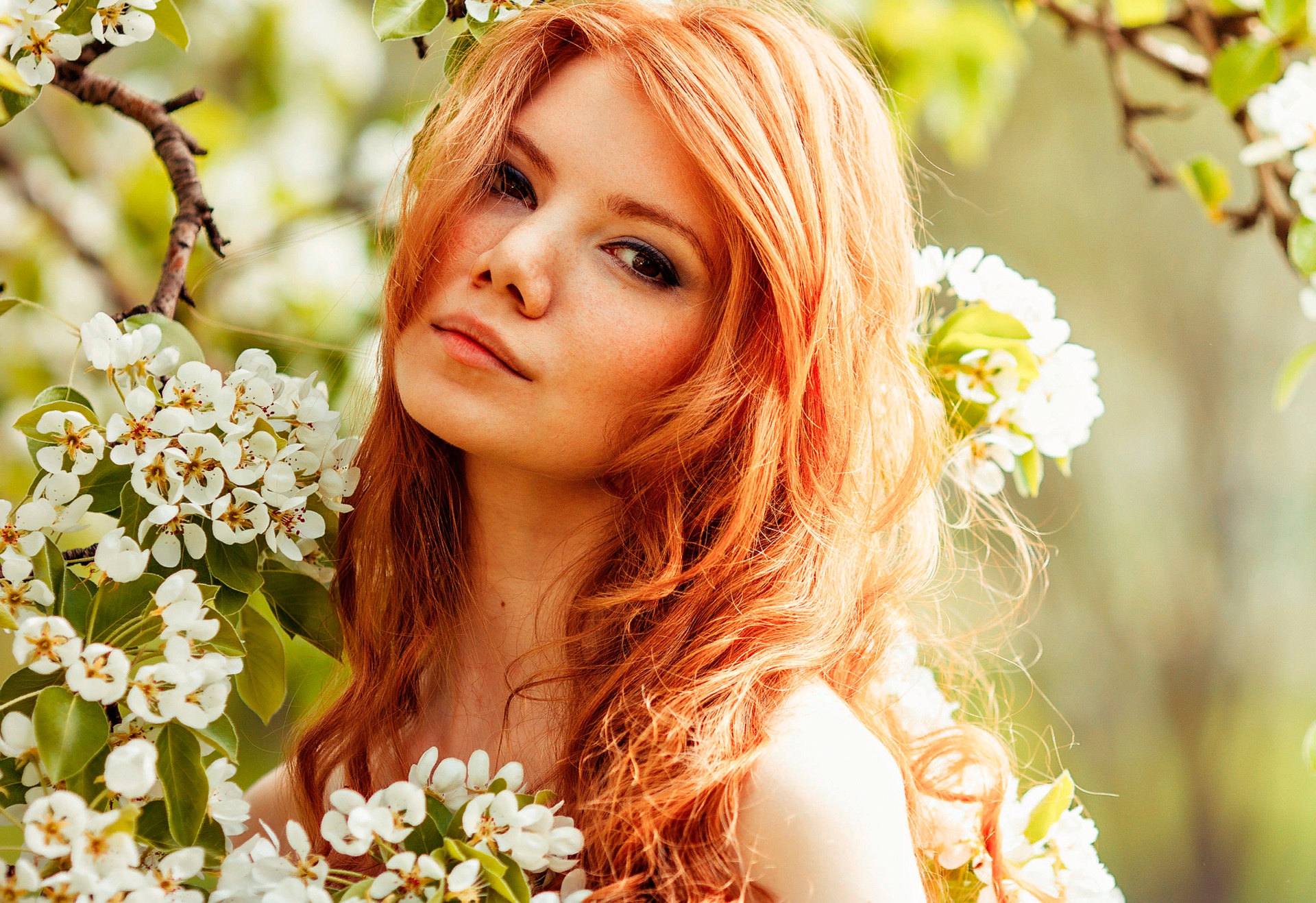 Free download wallpaper Flower, Redhead, Face, Model, Women, White Flower, Blossom, Brown Eyes on your PC desktop