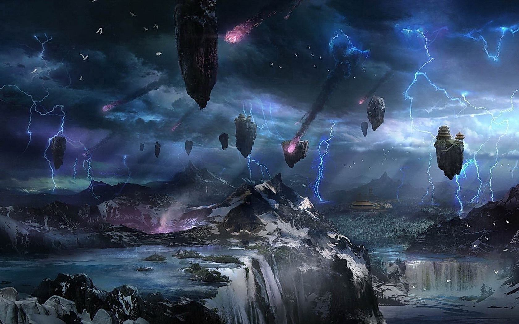 Free download wallpaper Landscape, Lightning, Space, Sci Fi, Storm, Destruction, Floating Island on your PC desktop