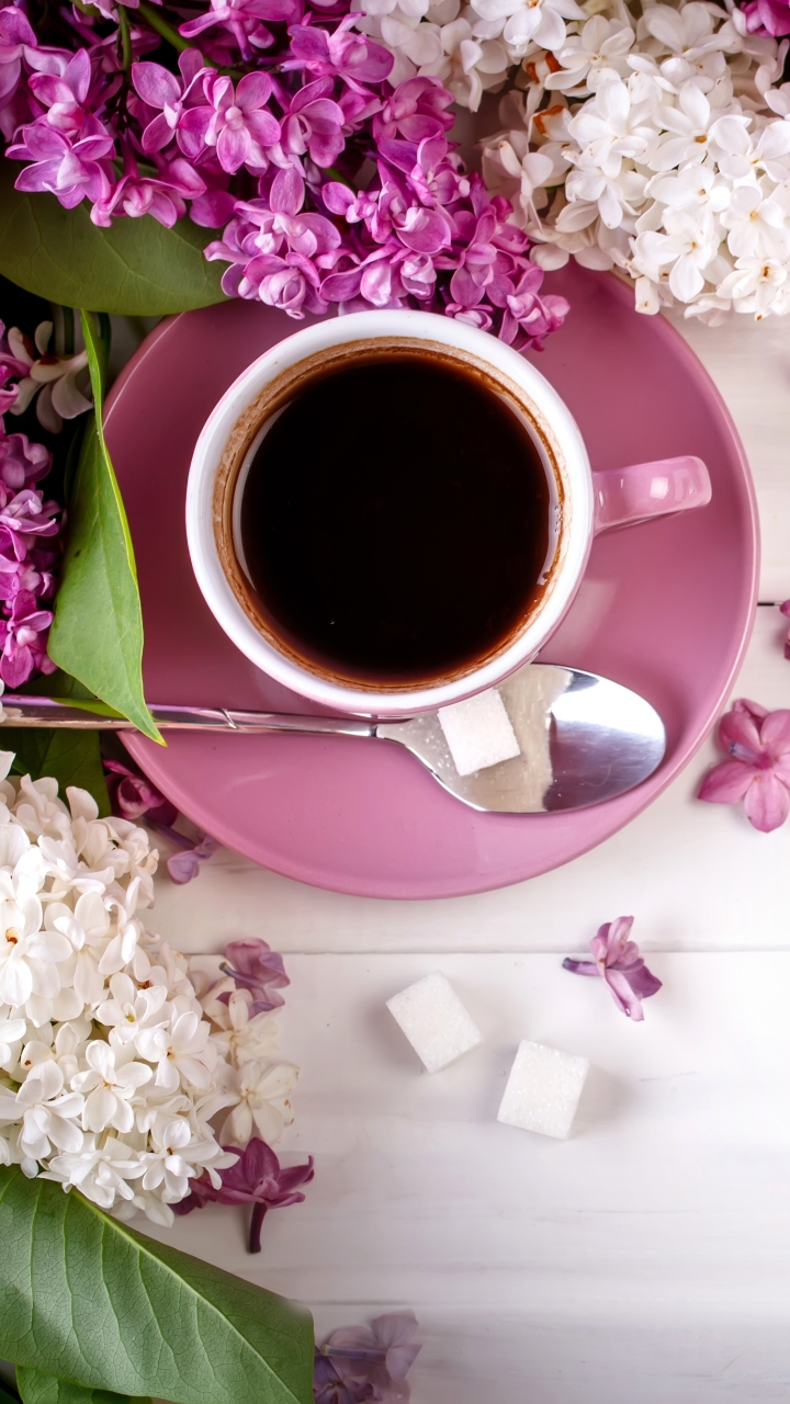 Download mobile wallpaper Food, Coffee, Still Life, Flower, Cup, White Flower, Pink Flower for free.