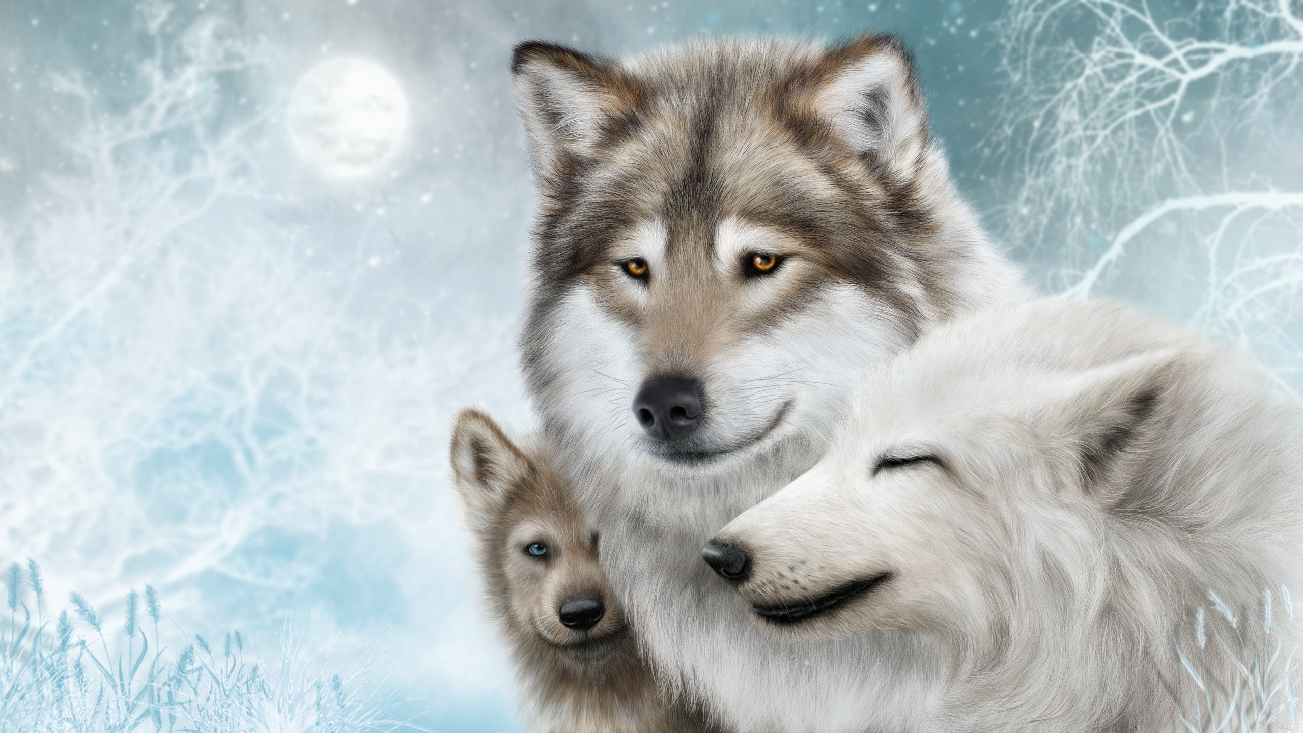 Download mobile wallpaper Winter, Moon, Snow, Tree, Wolf, Animal, Painting, Wolves for free.