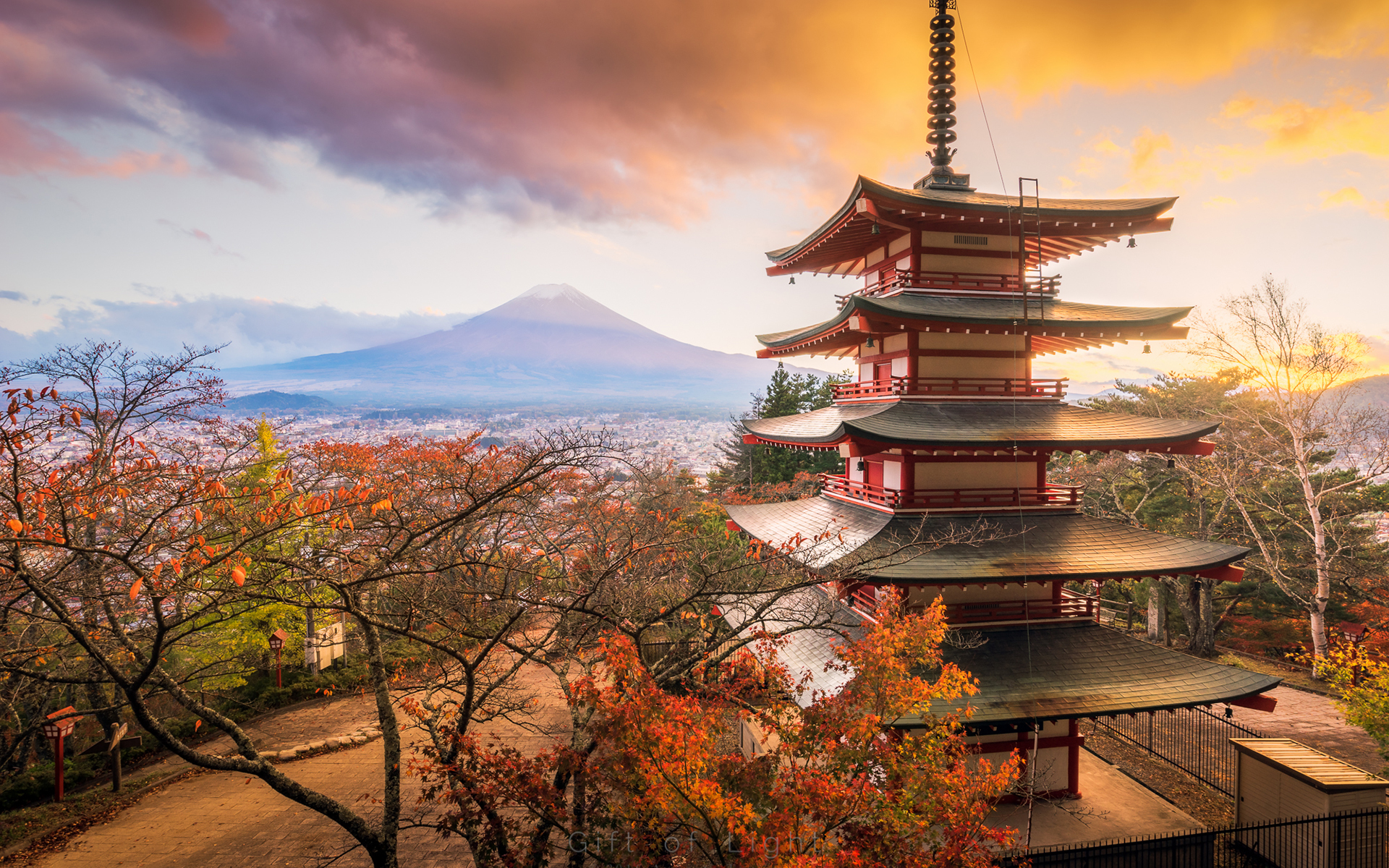 Free download wallpaper Sunset, Fall, House, Pagoda, Mount Fuji, Religious on your PC desktop