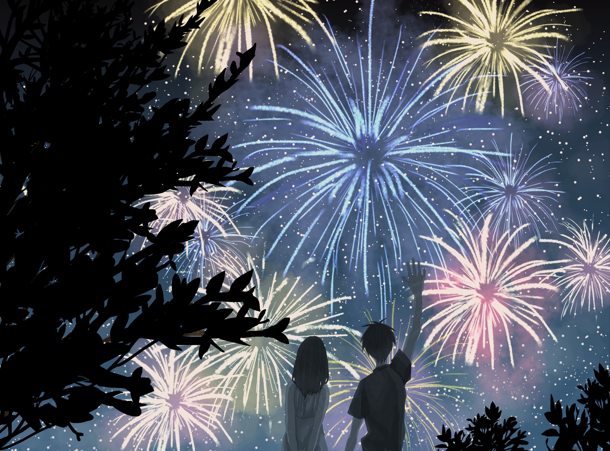 Download mobile wallpaper Anime, Fireworks, Short Hair for free.