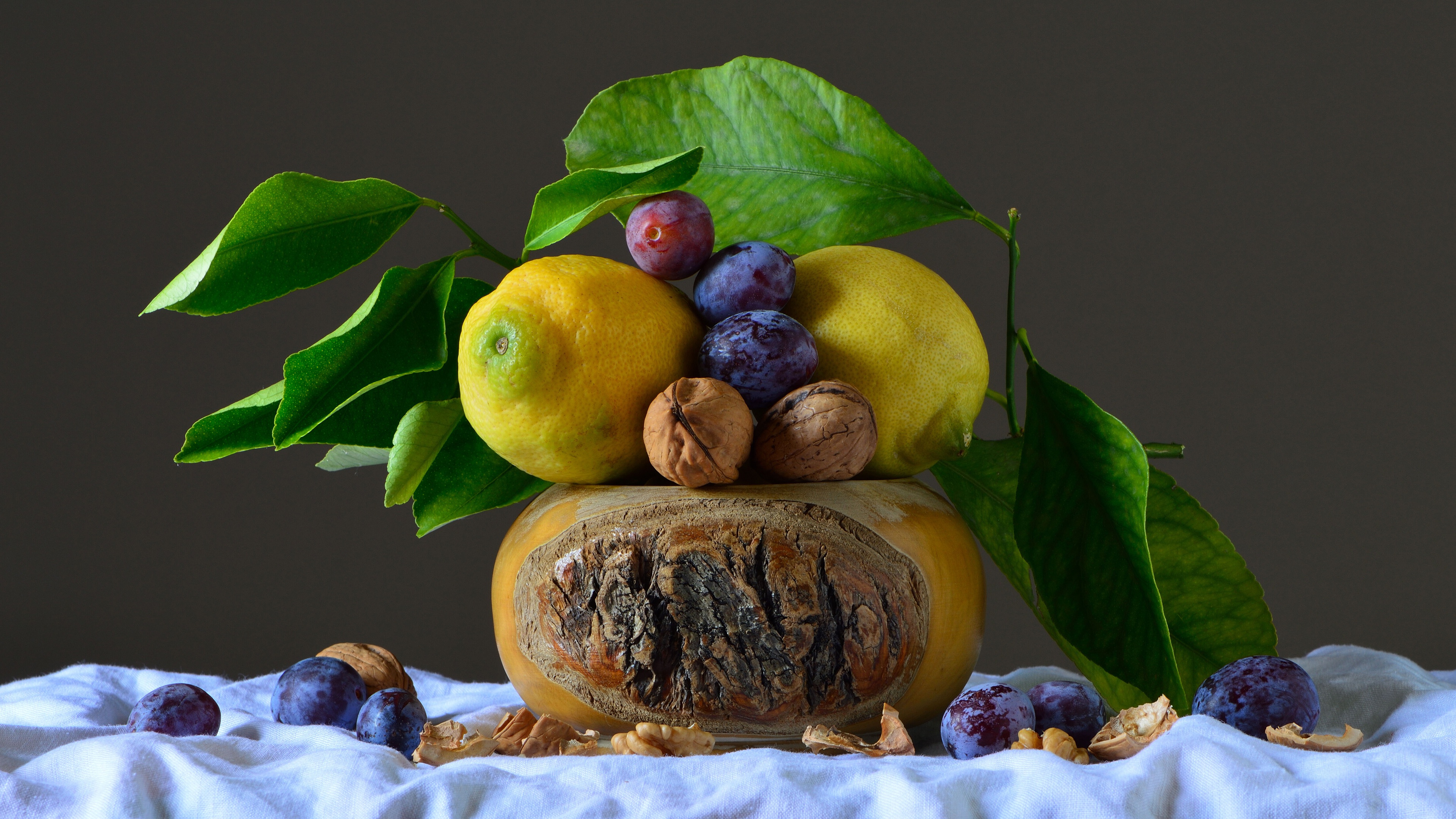 Free download wallpaper Food, Still Life, Plum, Lemon, Walnut on your PC desktop